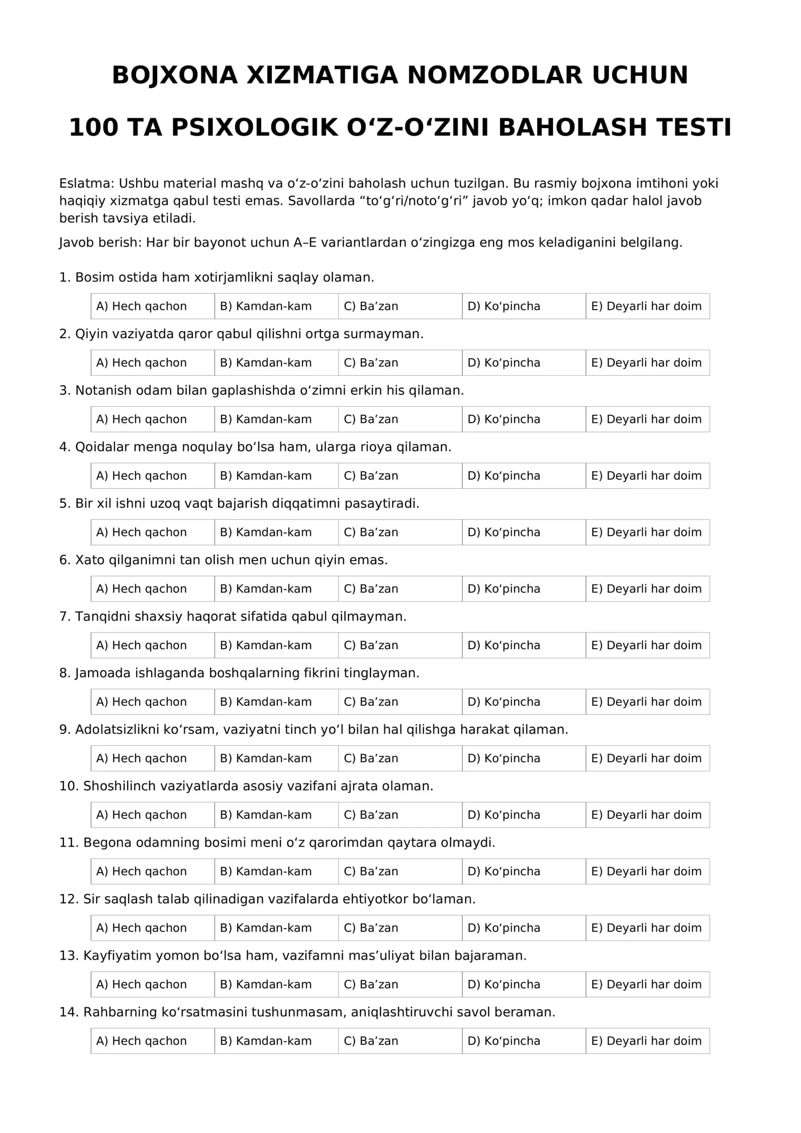 Bojhona xizmatiga nomzodlar uchun 100 ta psixologik o'z-o'zini baholash testi 1