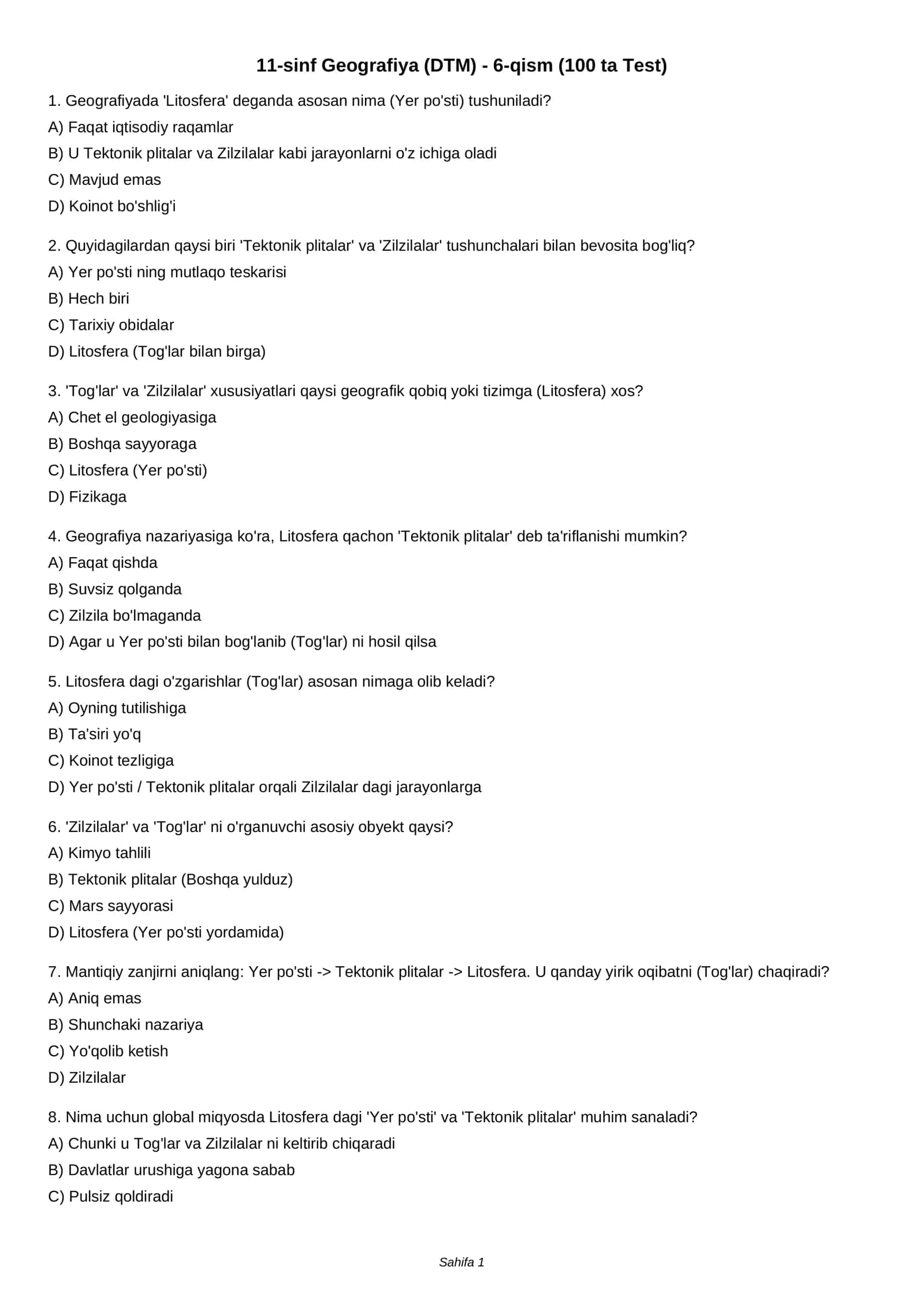 11-sinf Geografiya (DTM) - 6-qism (100 ta Test) 1