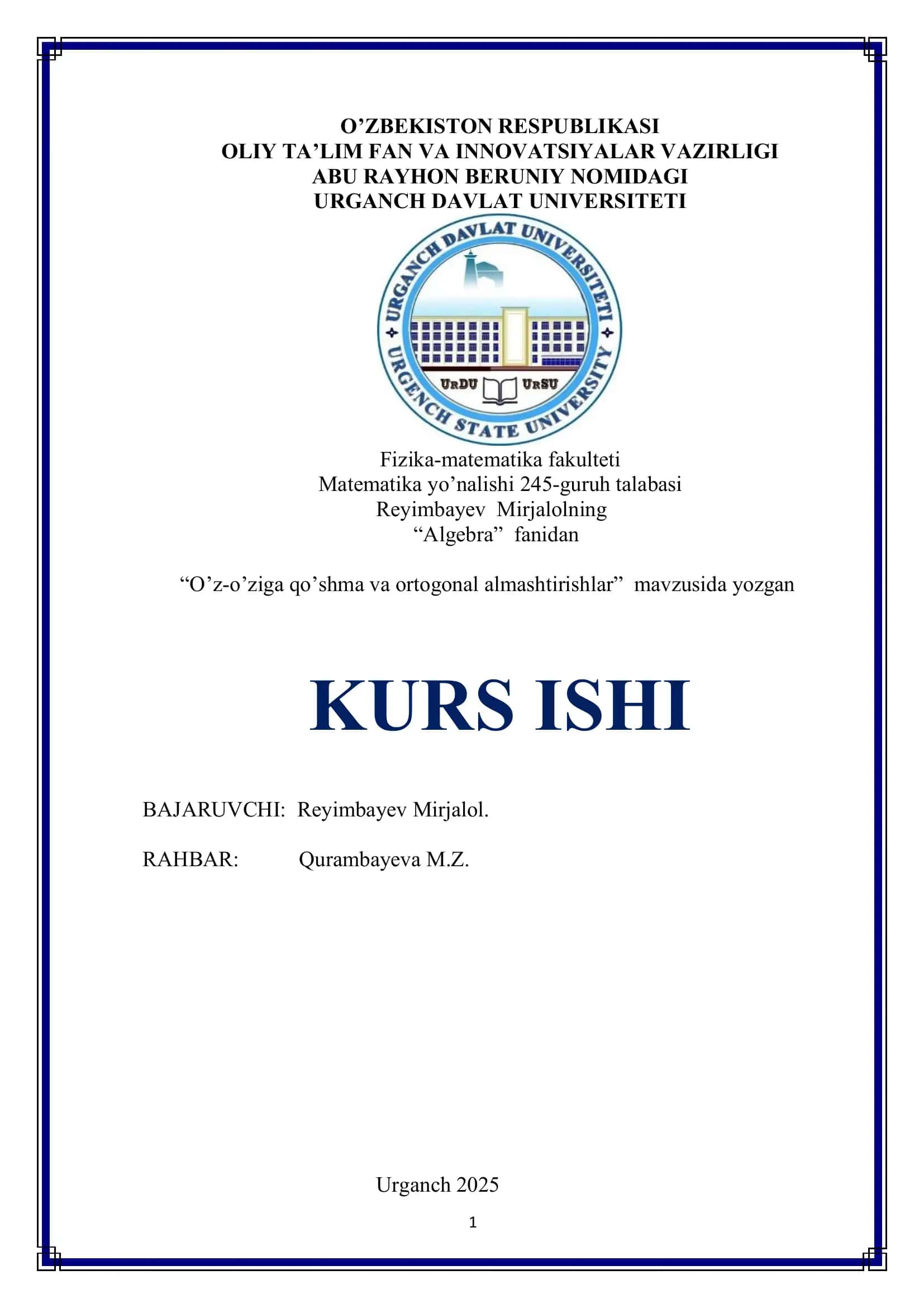 Algebra KURS ISHI 1