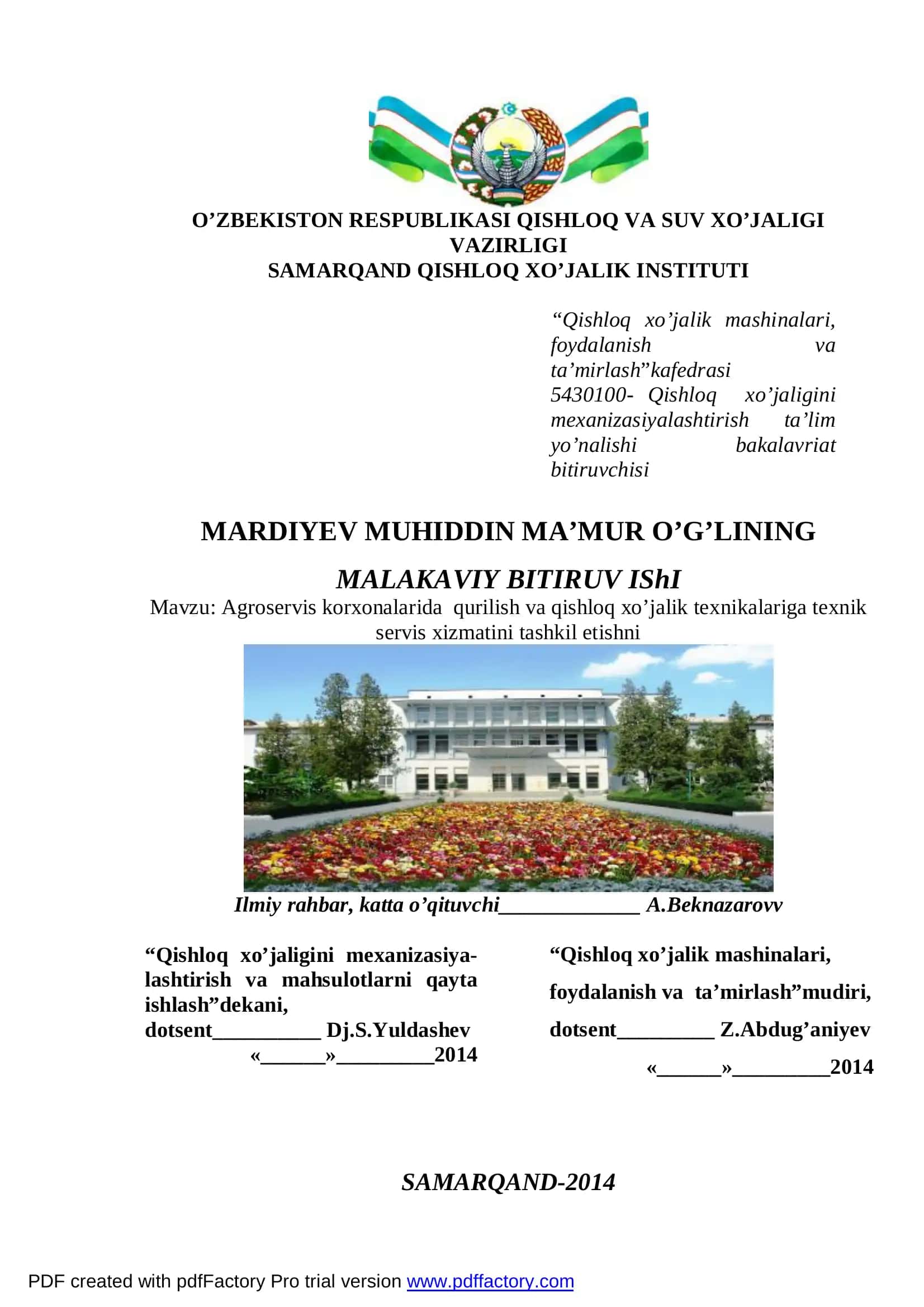 Agroservis korxonalarida qurilish va qishloq xo’jalik texnikalariga texnik servis xizmatini tashkil etish 1