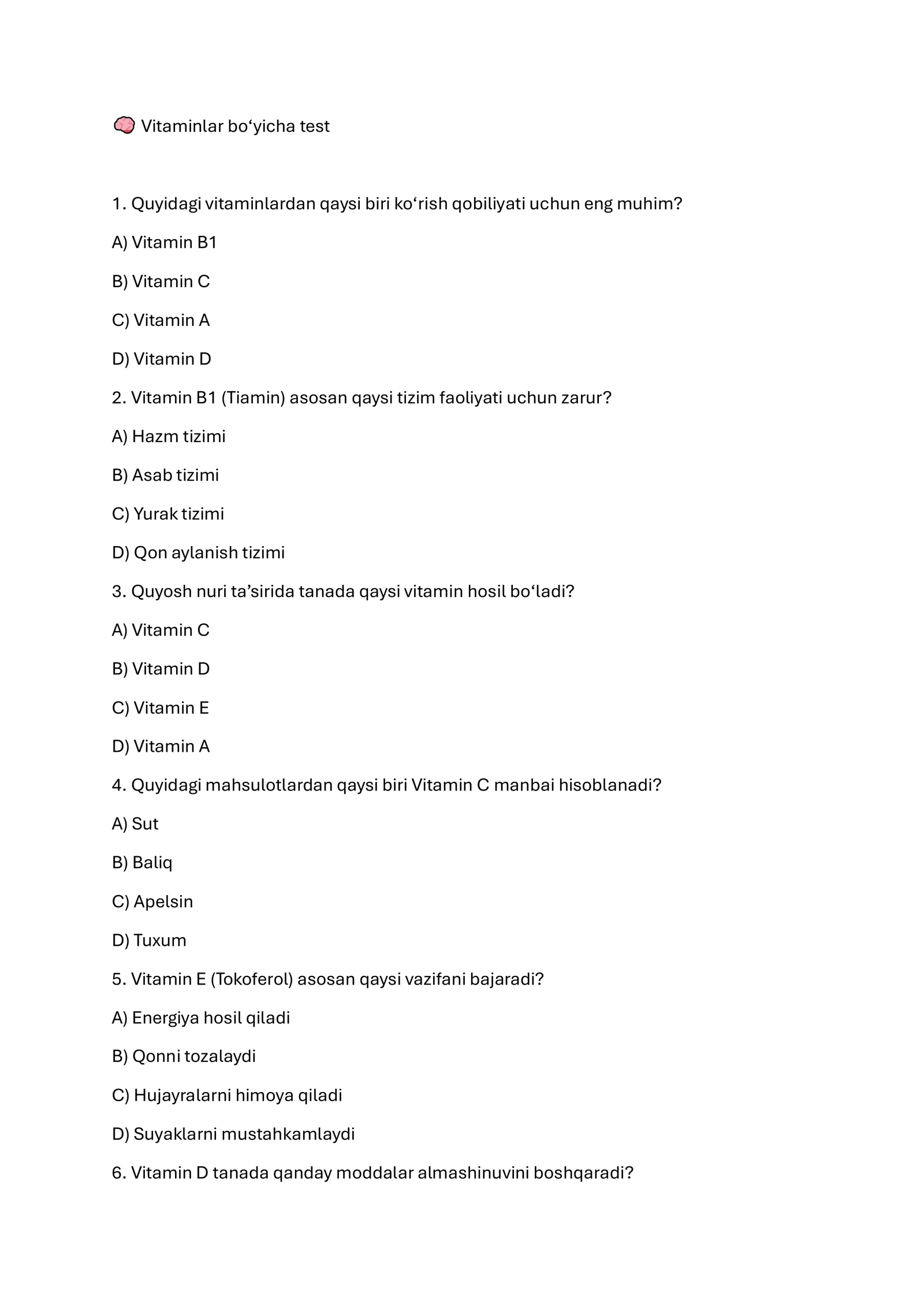 Vitaminlar bo‘yicha test 1