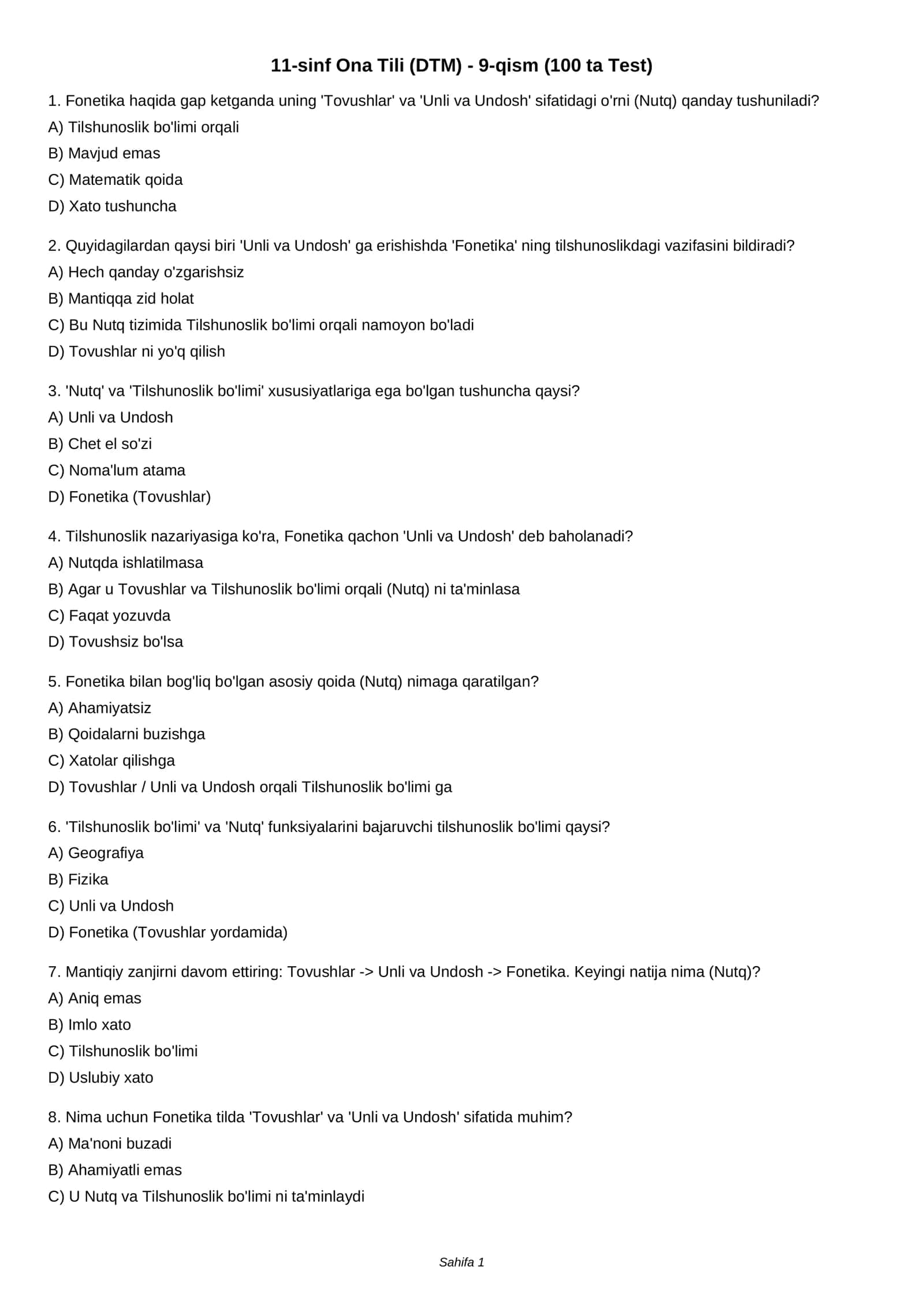 11-sinf Ona Tili (DTM) - 9-qism (100 ta Test) 1