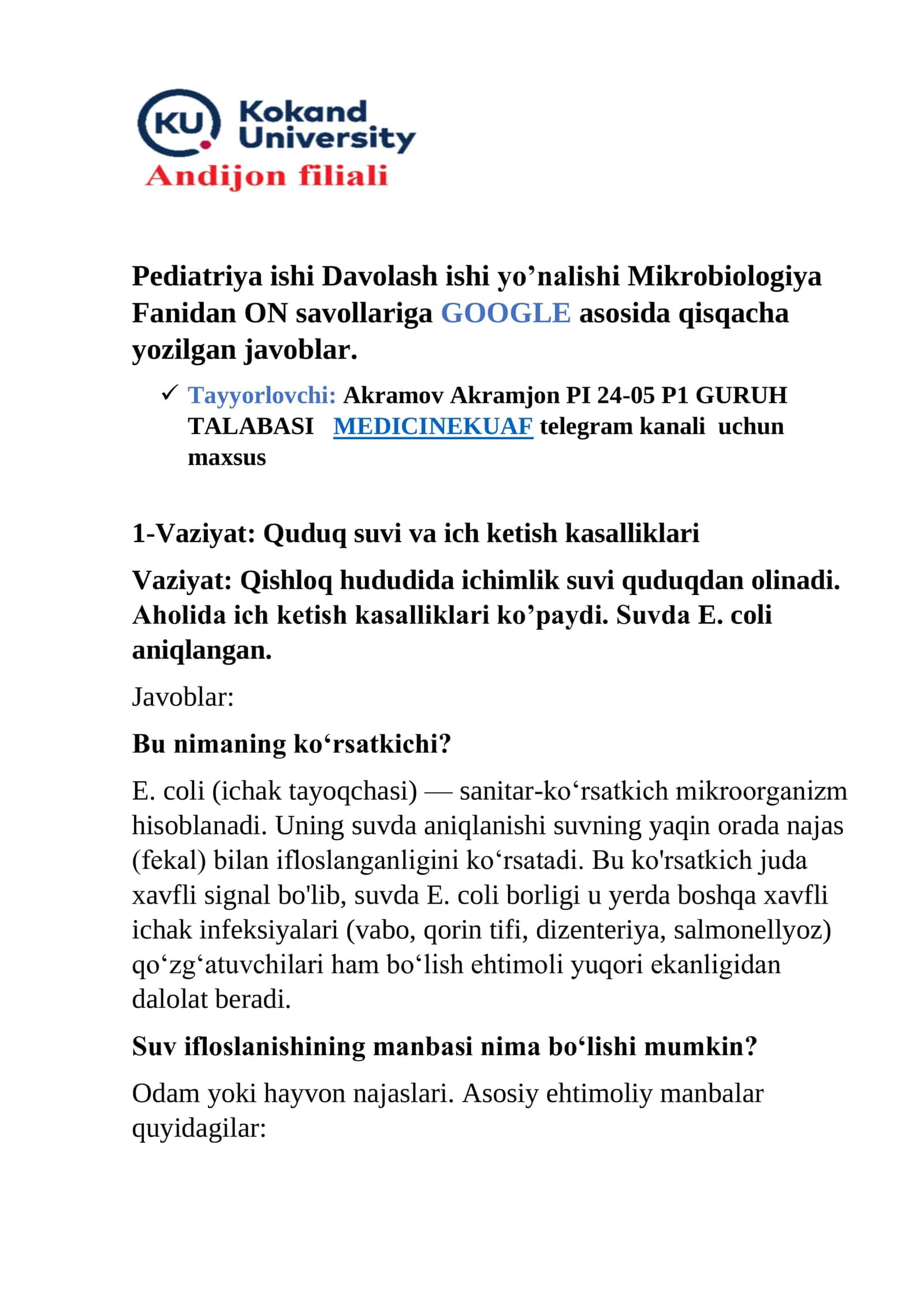 Pediatriya ishi Davolash ishi yo’nalishi Mikrobiologiya 1