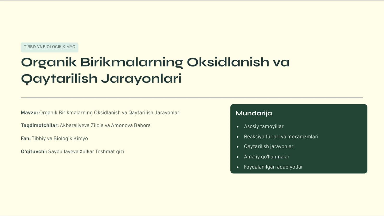 Organik Birikmalarning Oksidlanish va Qaytarilish Jarayonlari 1
