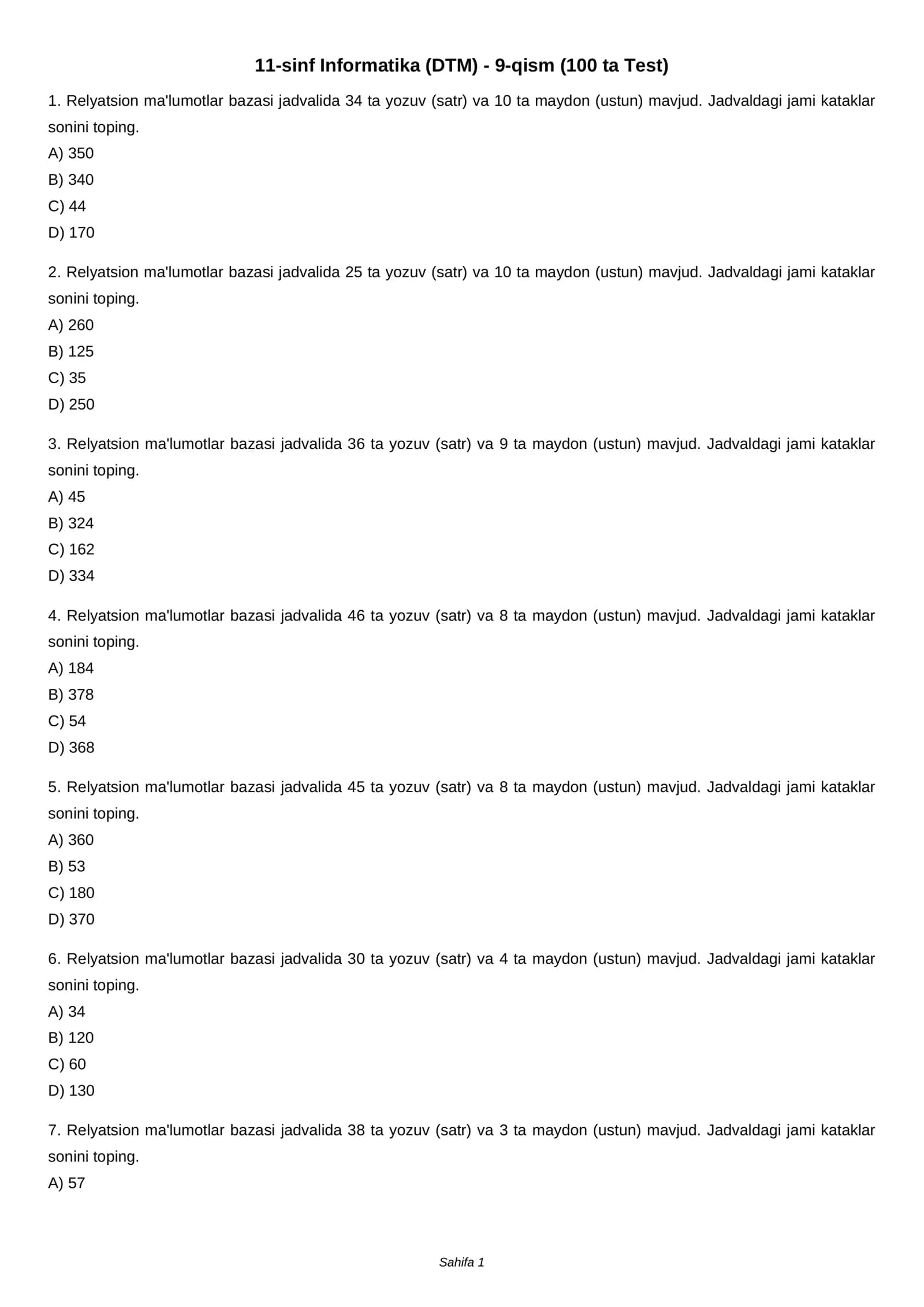 11-sinf Informatika (DTM) - 9-qism (100 ta Test) 1