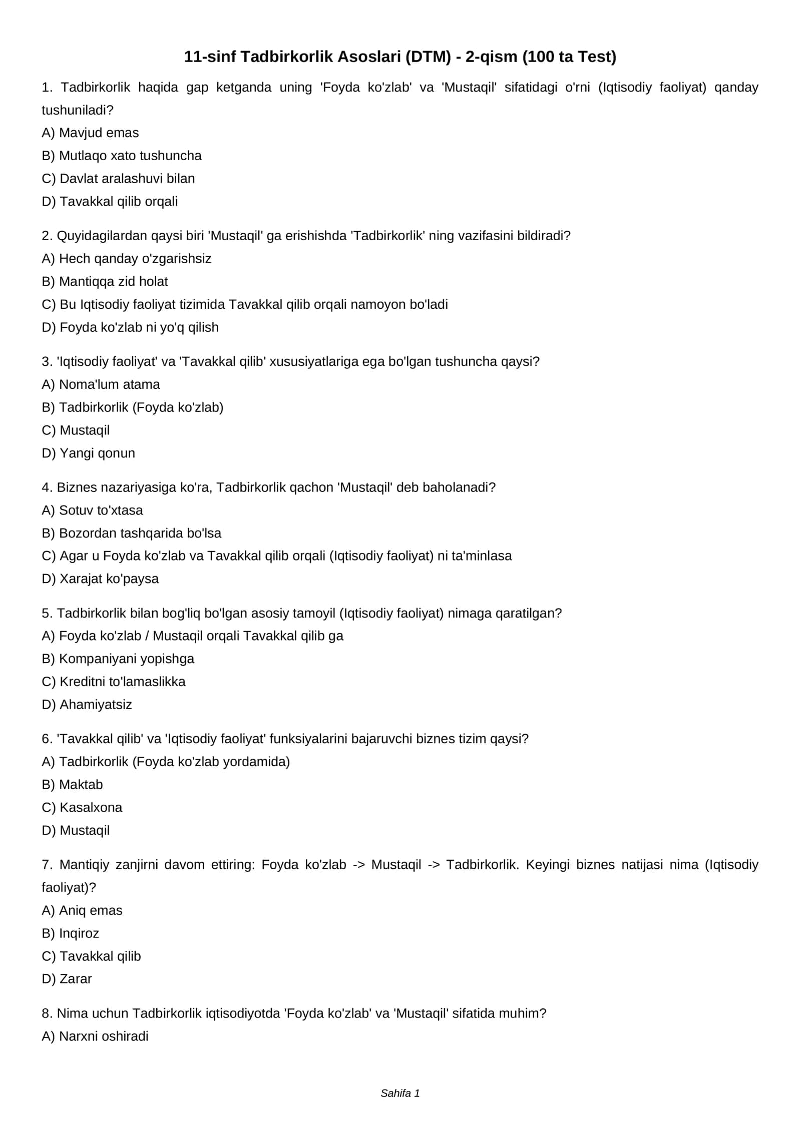11-sinf Tadbirkorlik Asoslari (DTM) - 2-qism (100 ta Test) 1