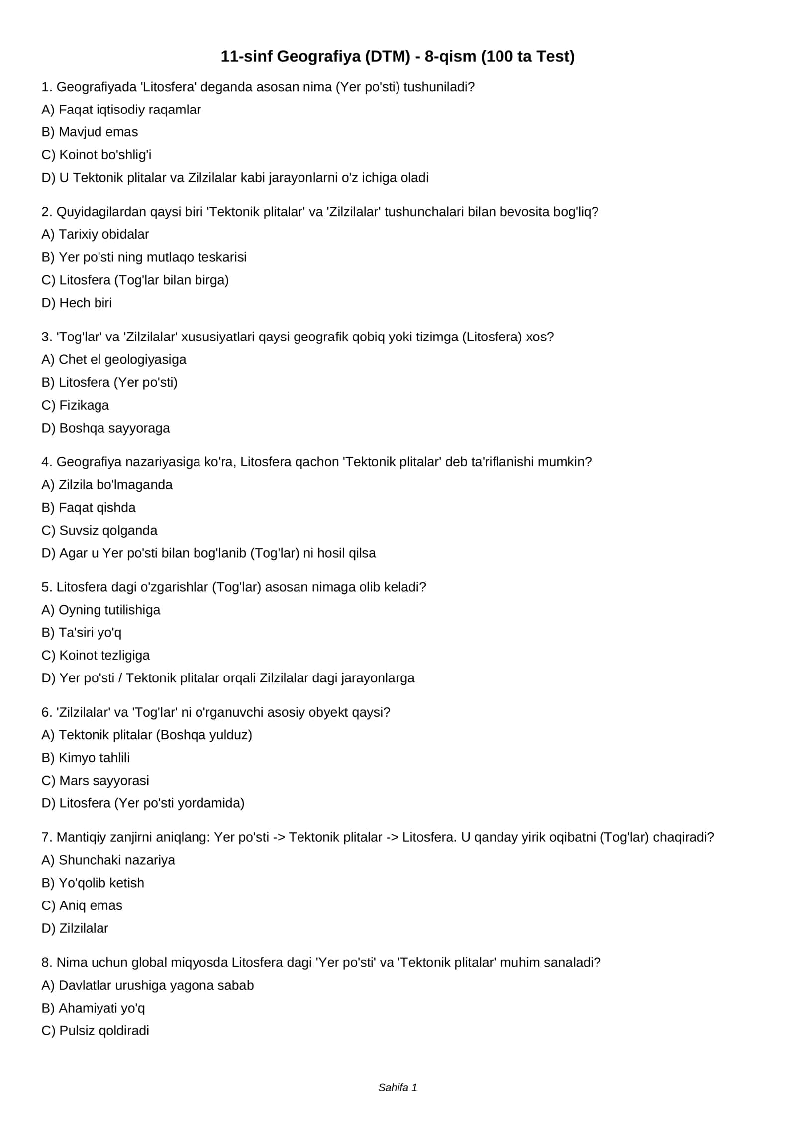 11-sinf Geografiya (DTM) - 8-qism (100 ta Test) 1