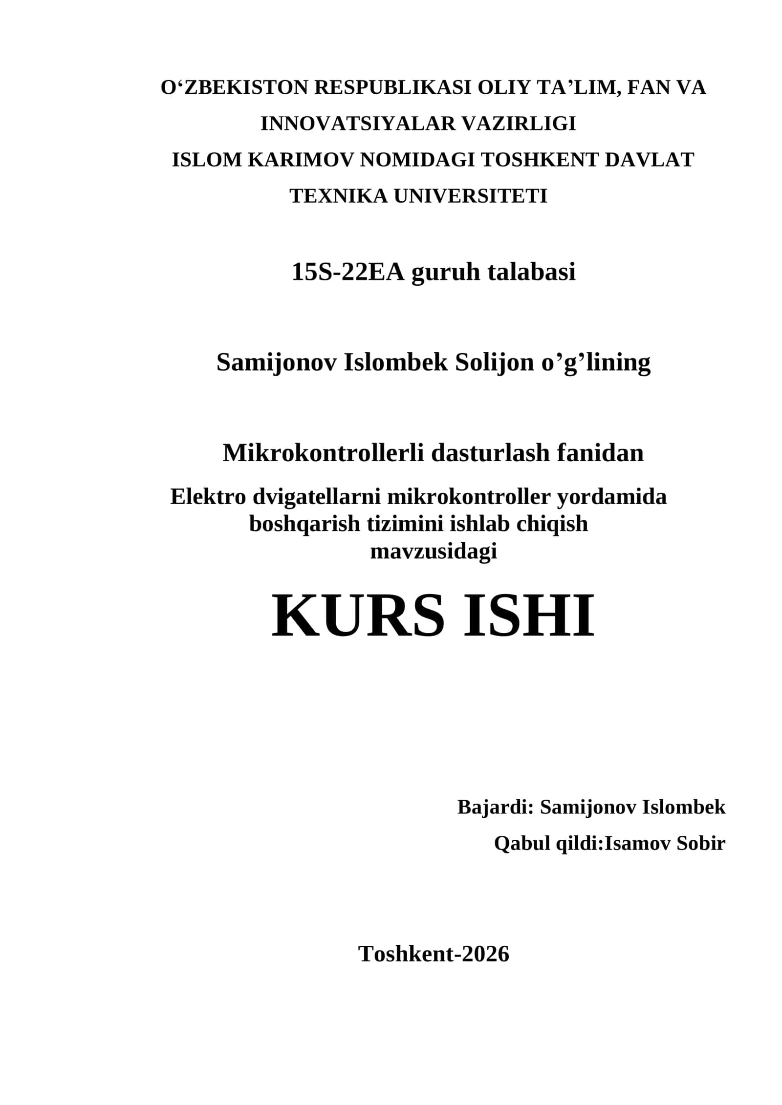 Elektro dvigatellarni mikrokontroller yordamida boshqarish tizimini ishlab chiqish 1