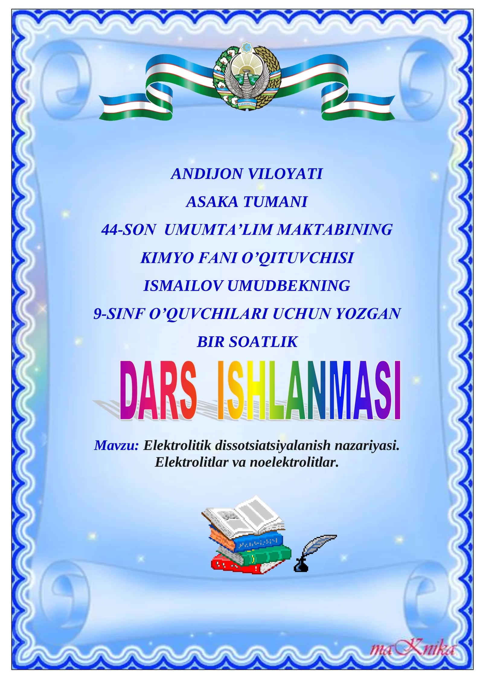9-sinf Kimyo fanidan Elektrolitik dissotsiatsiyalanish nazariyasi. Elektrolitlar va noelektrolitlar dars ishlanma 1