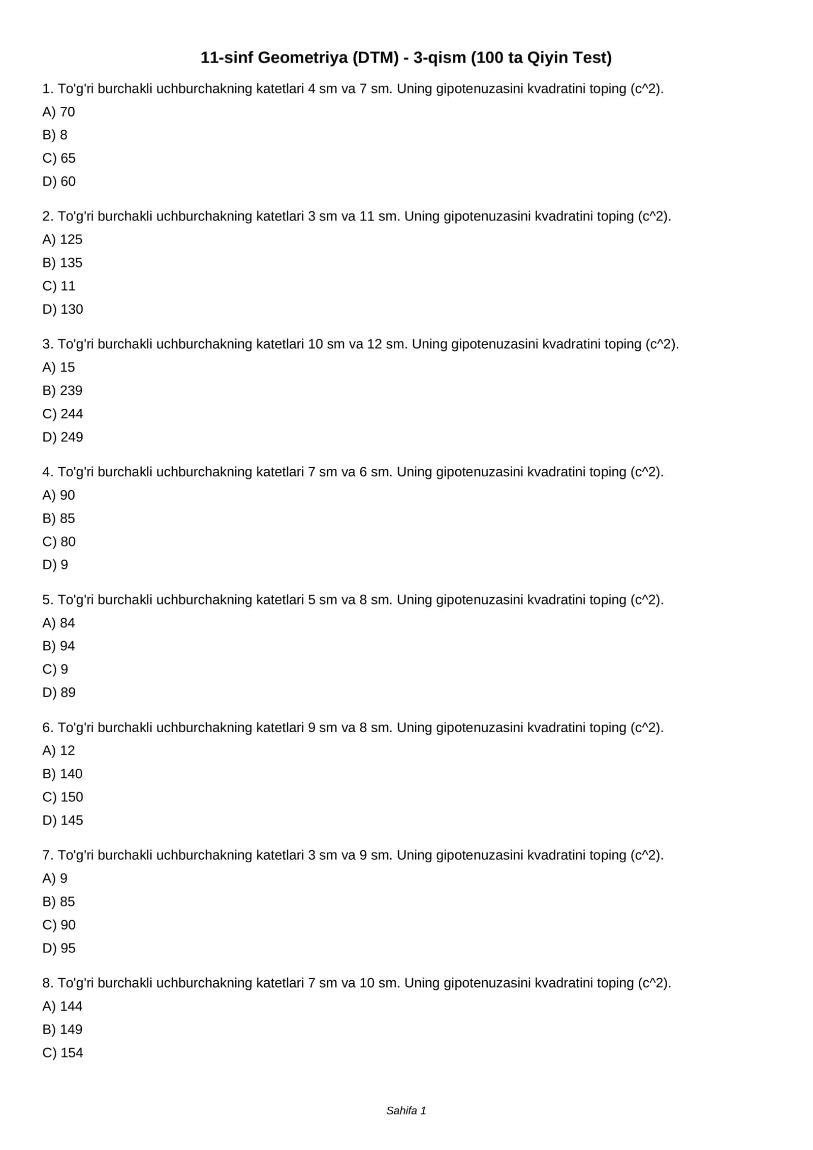 11-sinf Geometriya (DTM) - 3-qism (100 ta Qiyin Test) 1