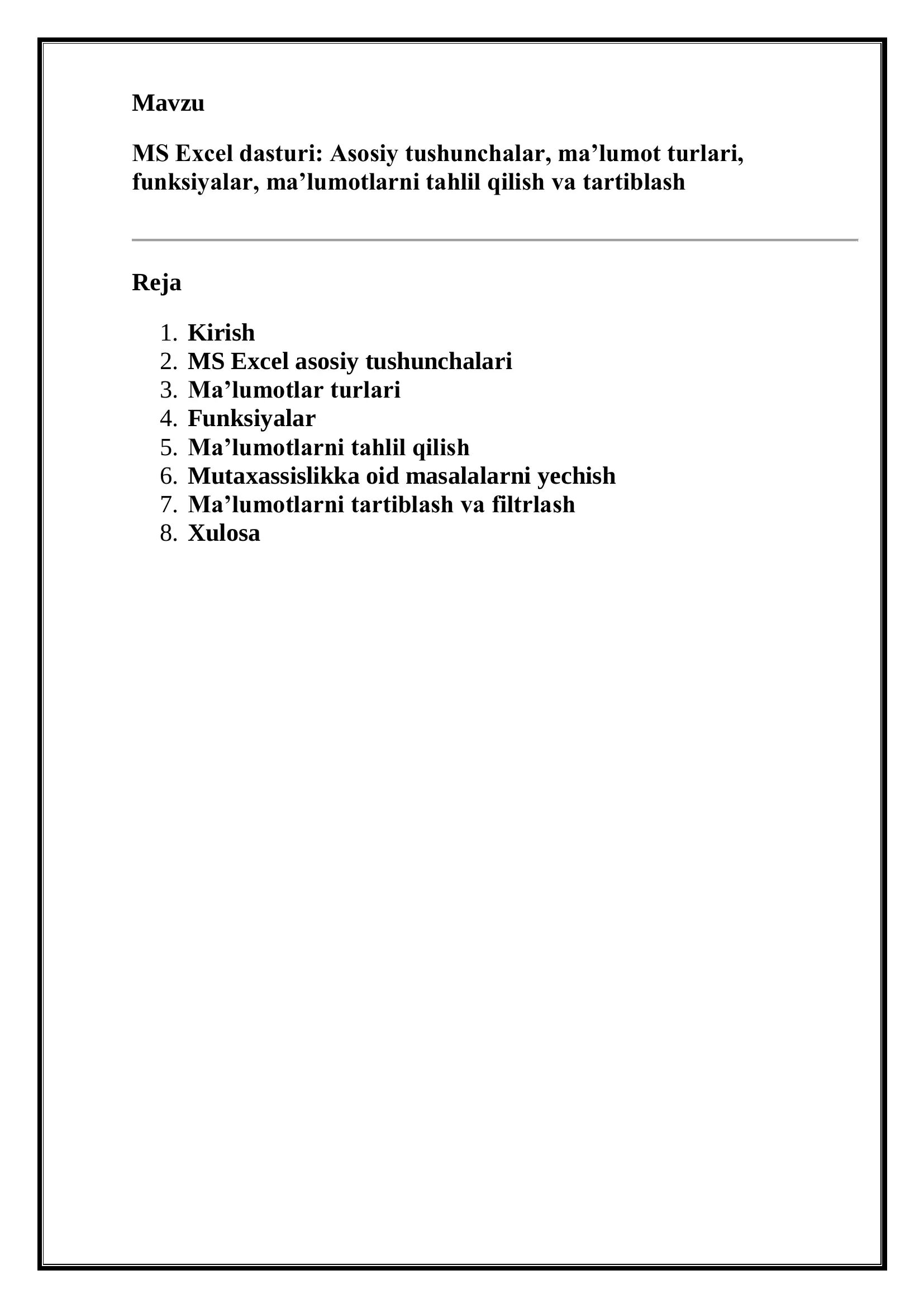 MS Excel dasturi 1
