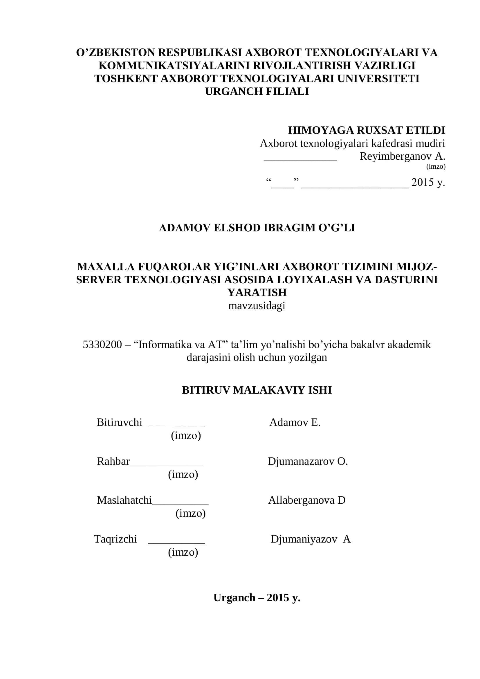 MAXALLA FUQAROLAR YIG’INLARI AXBOROT TIZIMINI MIJOZ-SERVER TEXNOLOGIYASI ASOSIDA LOYIXALASH VA DASTURINI YARATISH 1