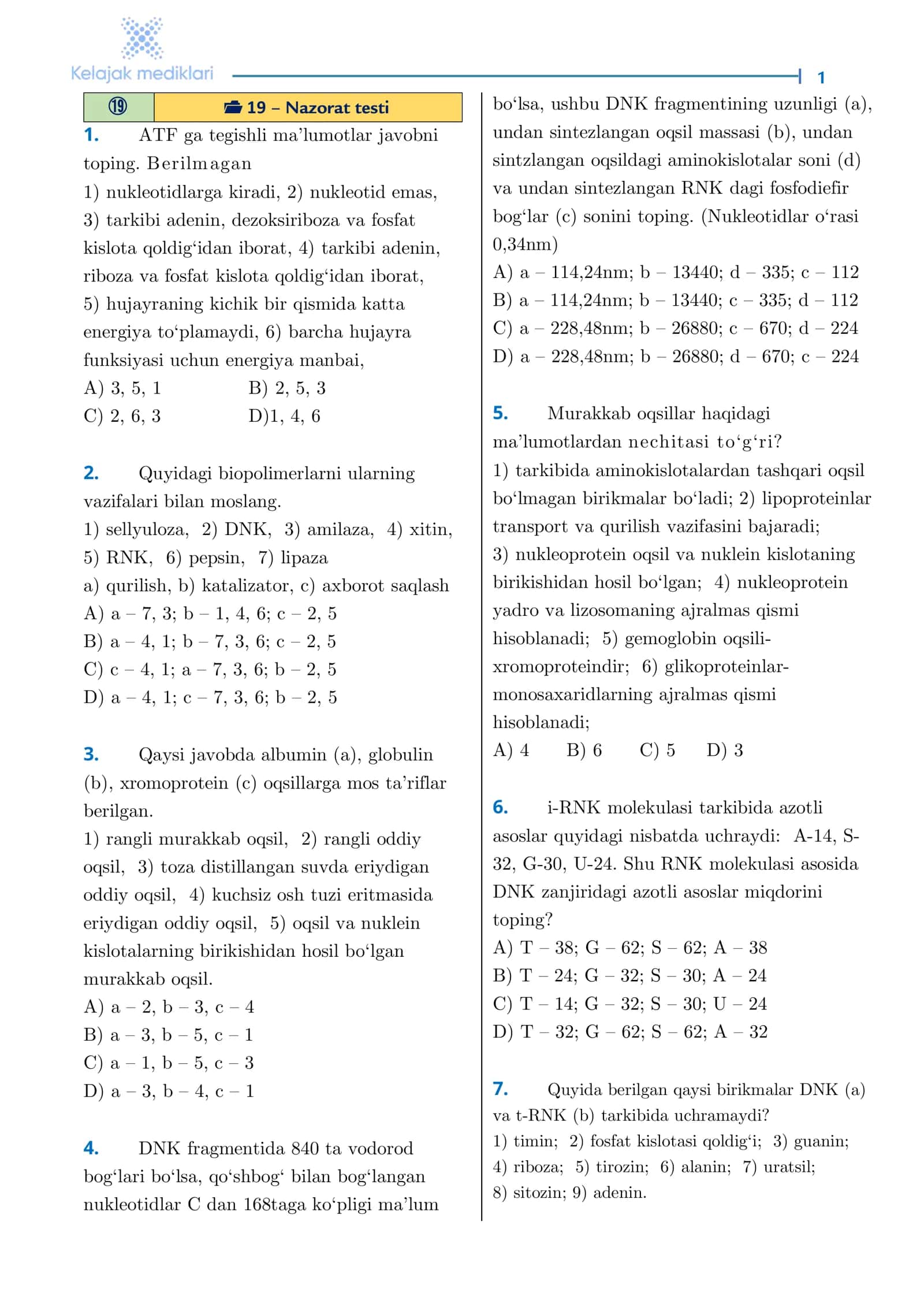 19 – Nazorat testi 1