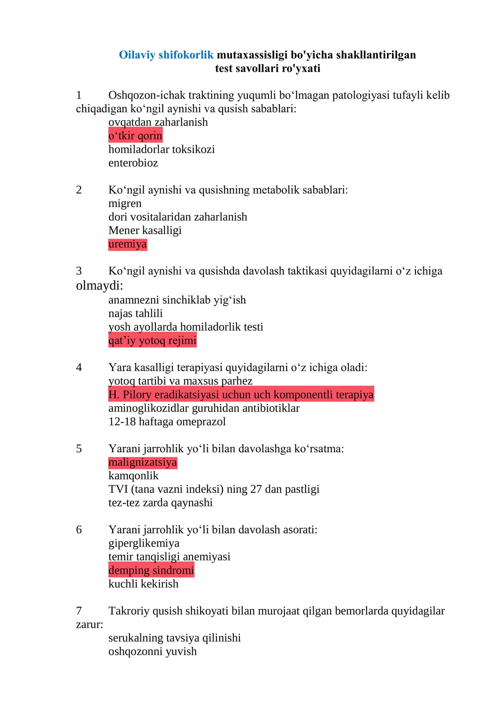 📚 Oilaviy shifokorlik mutaxassisligi bo'yicha 1005 ta test savol-javoblari to'plami ✅ 1