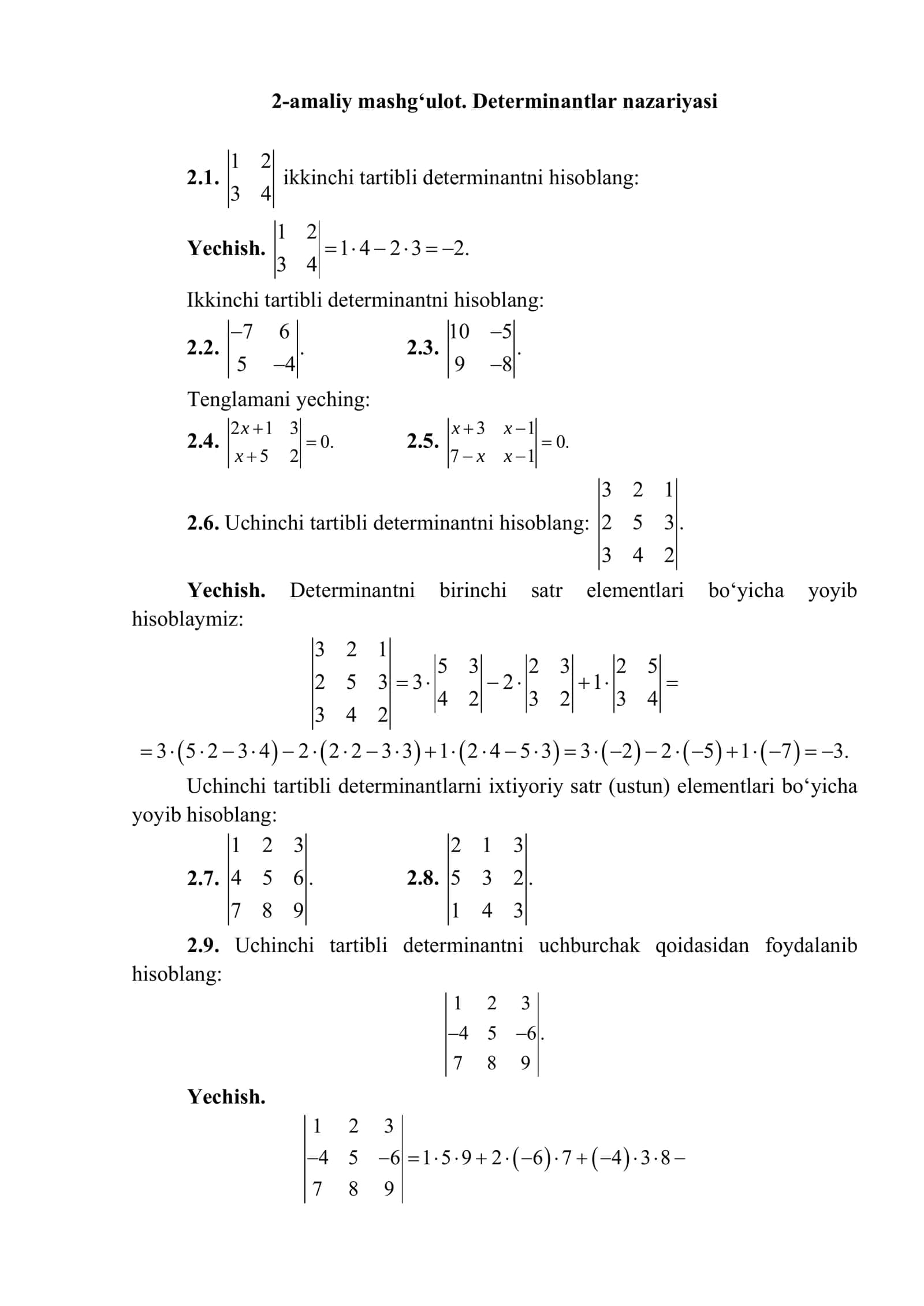 2-amaliy mashg‘ulot. Determinantlar nazariyasi 1