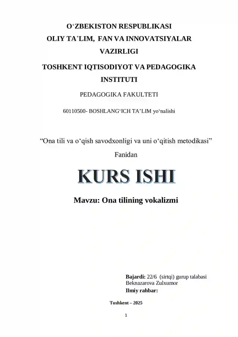 Ona tili va oʻqish savodxonligi va uni oʻqitish metodikasi