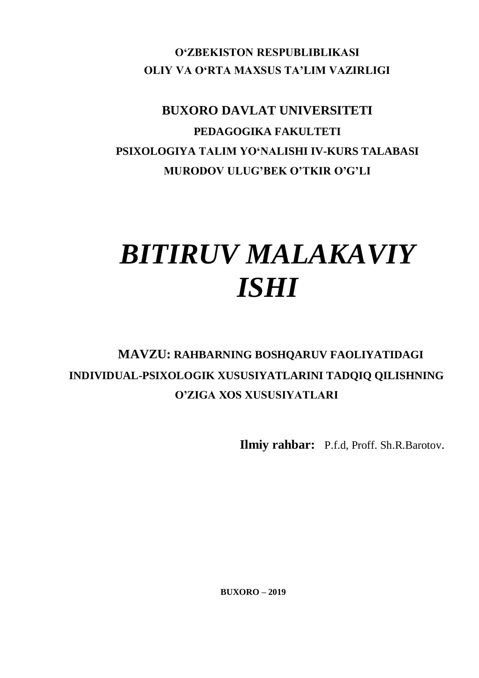 RAHBARNING BOSHQARUV FAOLIYATIDAGI INDIVIDUAL-PSIXOLOGIK XUSUSIYATLARINI TADQIQ QILISHNING O’ZIGA XOS XUSUSIYATLARI 1