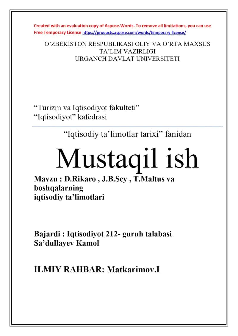 D.Rikaro , J.B.Sey , T.Maltus va boshqalarning  iqtisodiy ta’limotlari 1