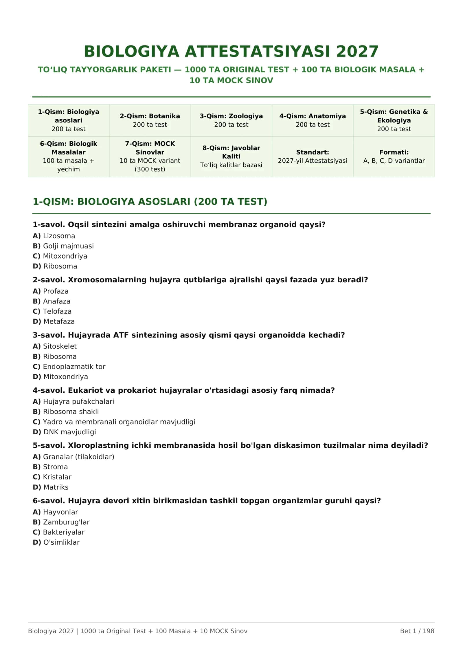 BIOLOGIYA ATTESTATSIYASI 2027 — 1000 TA TEST + 10 MOCK + 100 MASALA 1