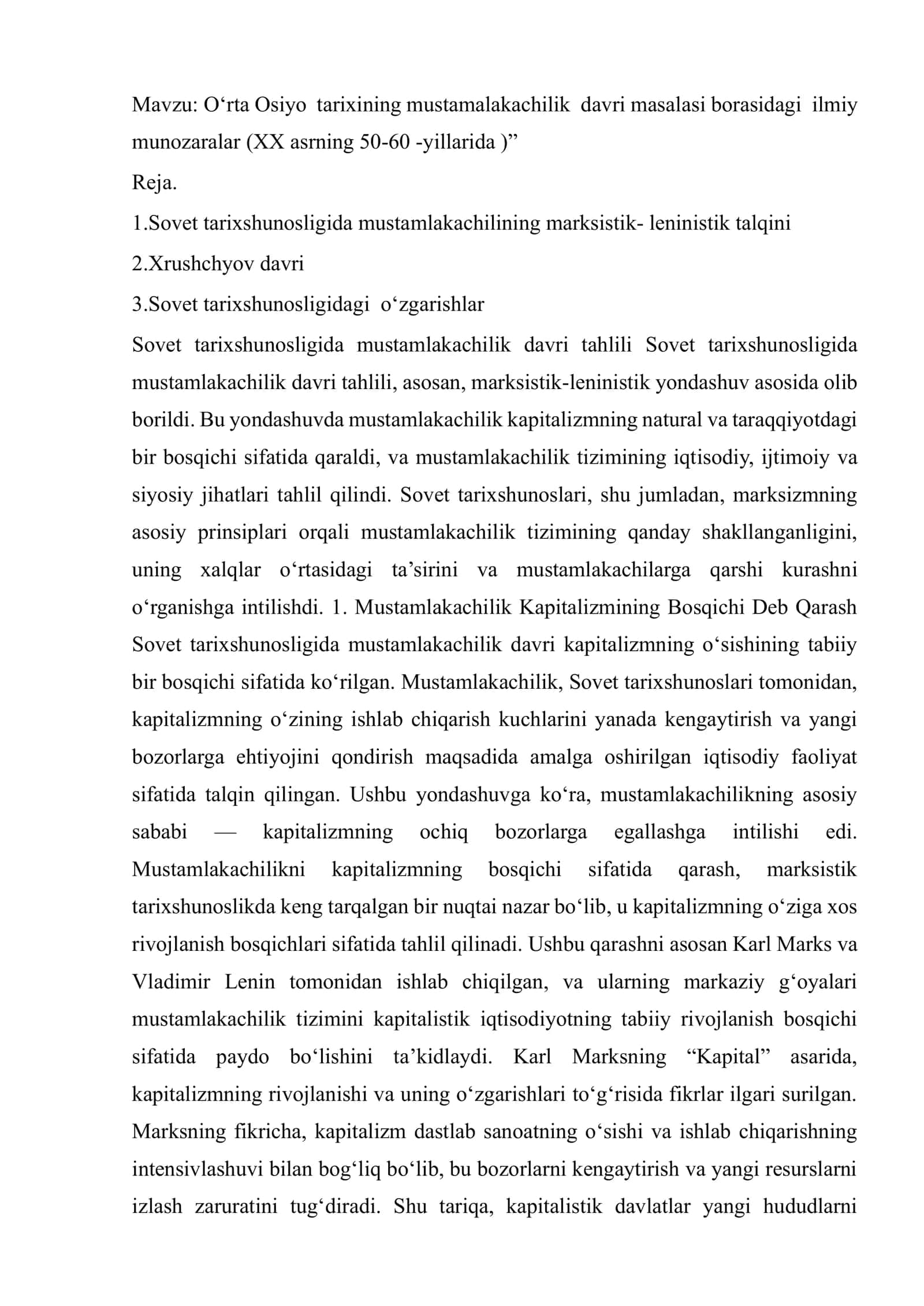 O‘rta Osiyo tarixining mustamlakachilik davri masalasi borasidagi ilmiy munozaralar (XX asrning 50-60 -yillarida ) 1