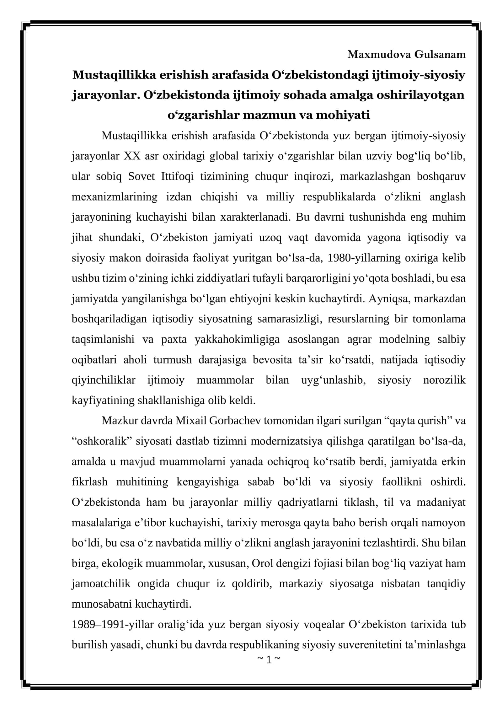 O‘zbekistondagi Mustaqillikka Erishish Arafasida Ijtimoiy-Siyosiy Jarayonlar 1