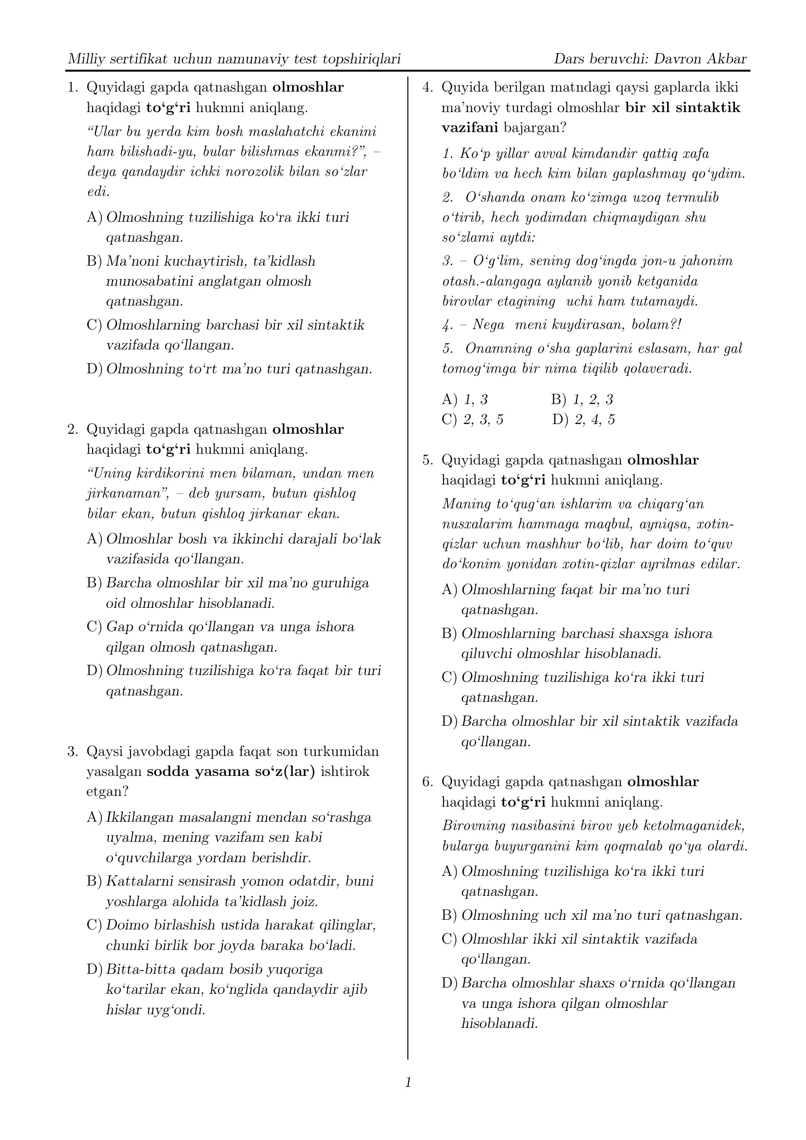 Milliy sertifikat uchun namunaviy test topshiriqlari - Milliy sertifikat (olmosh va son so'z turkumi) 1