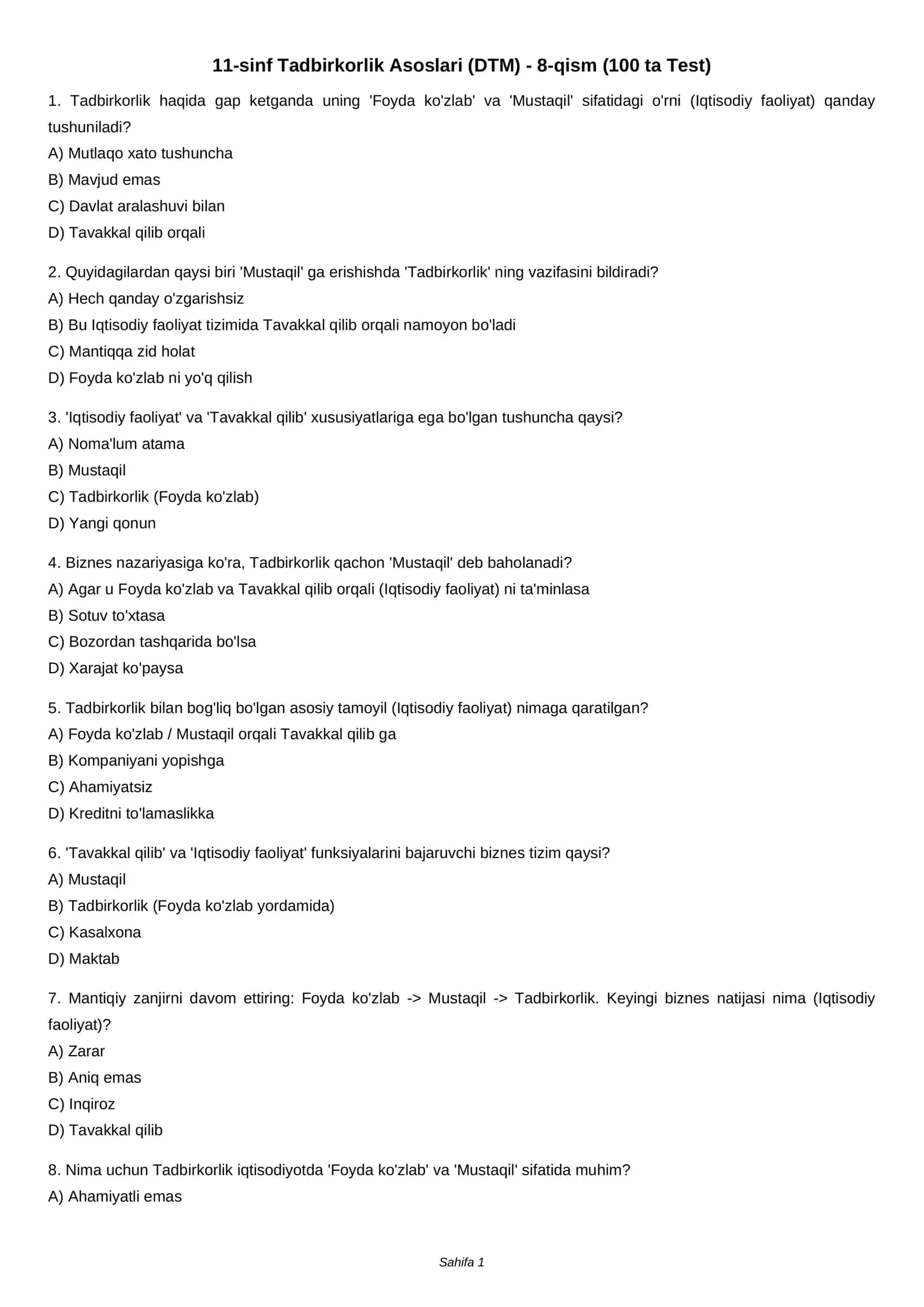 11-sinf Tadbirkorlik Asoslari (DTM) - 8-qism (100 ta Test) 1