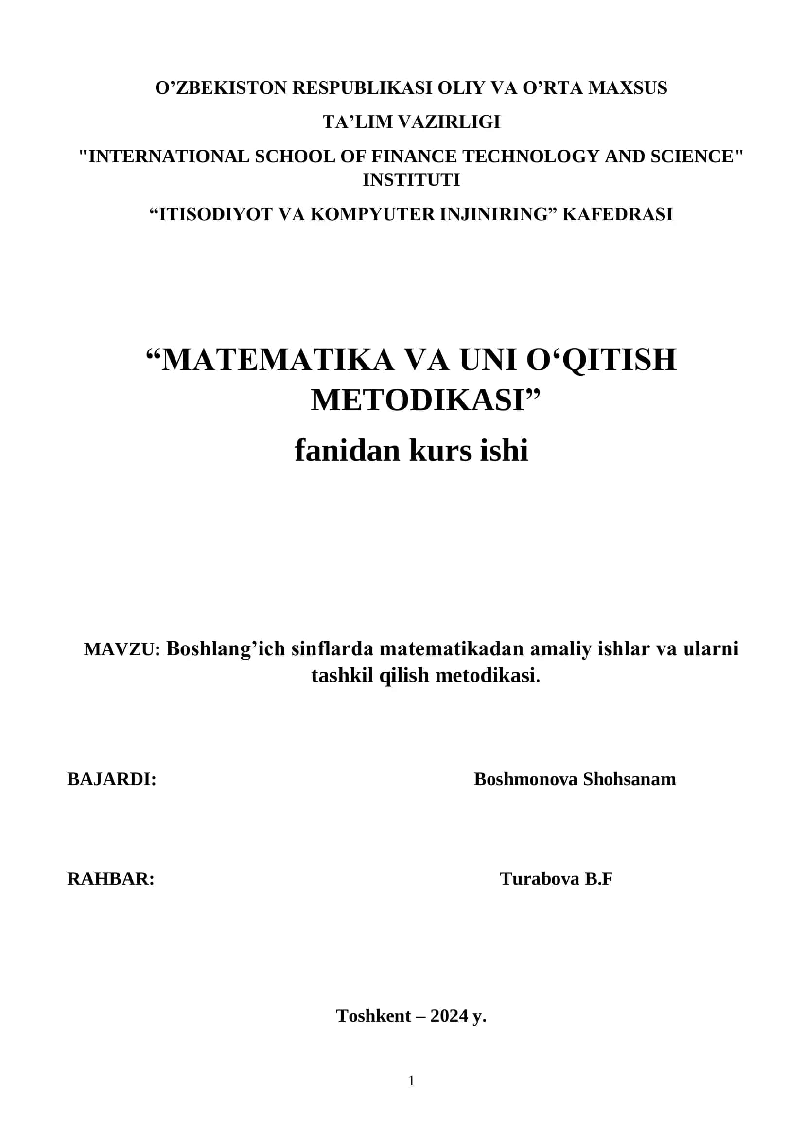Boshlang’ich sinflarda matematikadan amaliy ishlar va ularni tashkil qilish metodikasi 1
