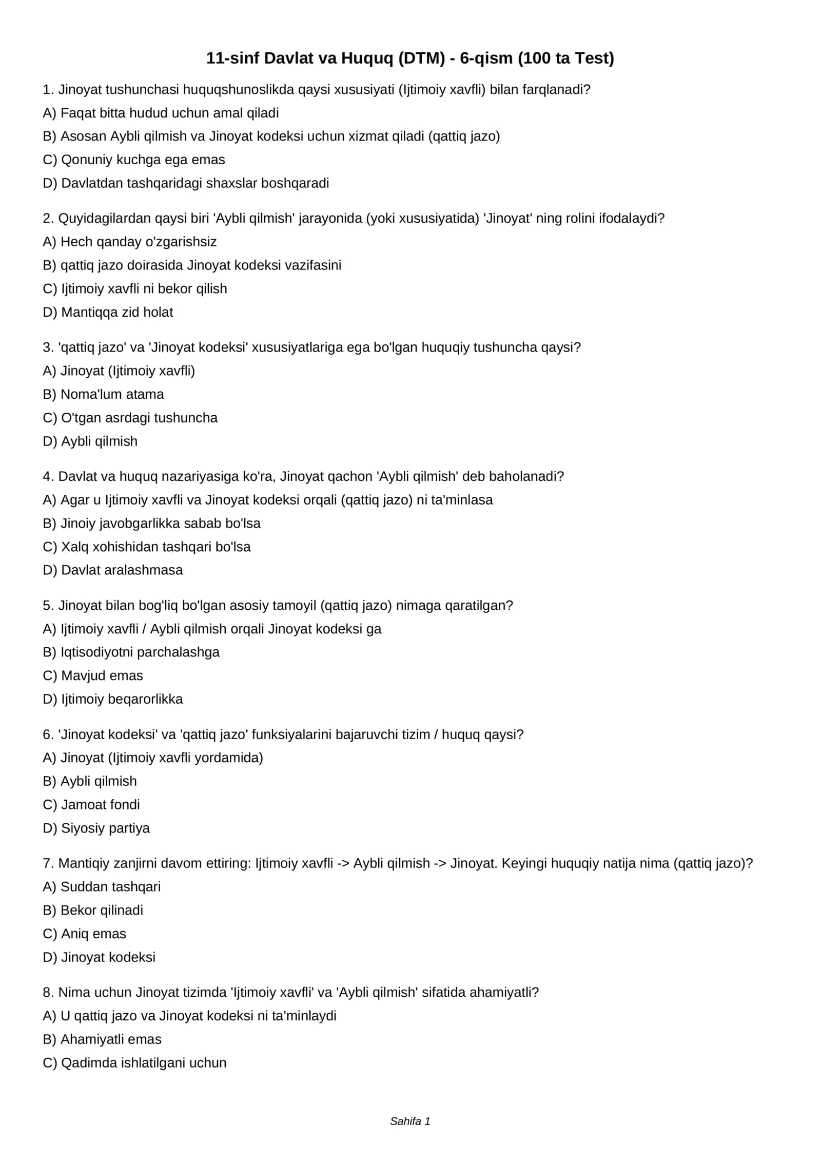 11-sinf Davlat va Huquq (DTM) - 6-qism (100 ta Test) 1