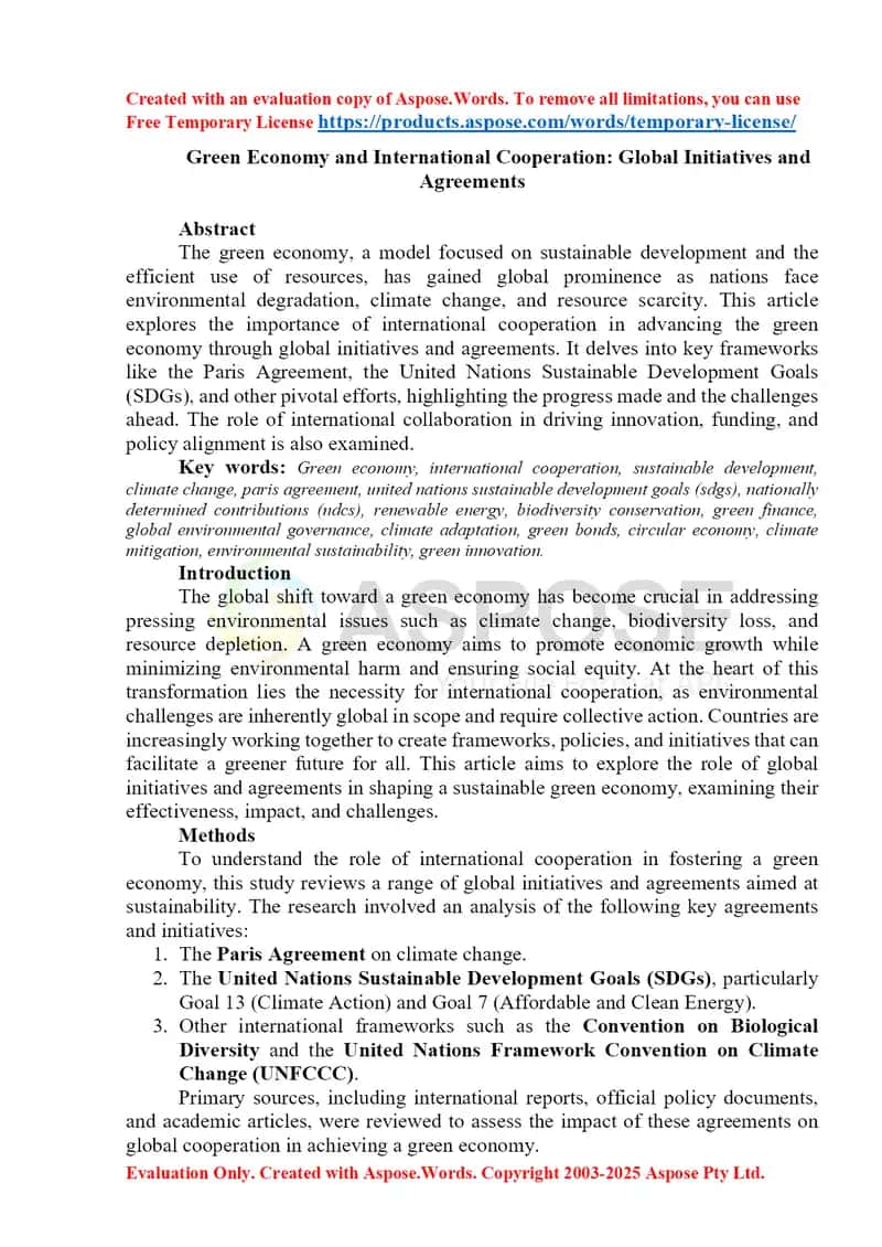 Green Economy and International Cooperation: Global Initiatives and Agreements 1