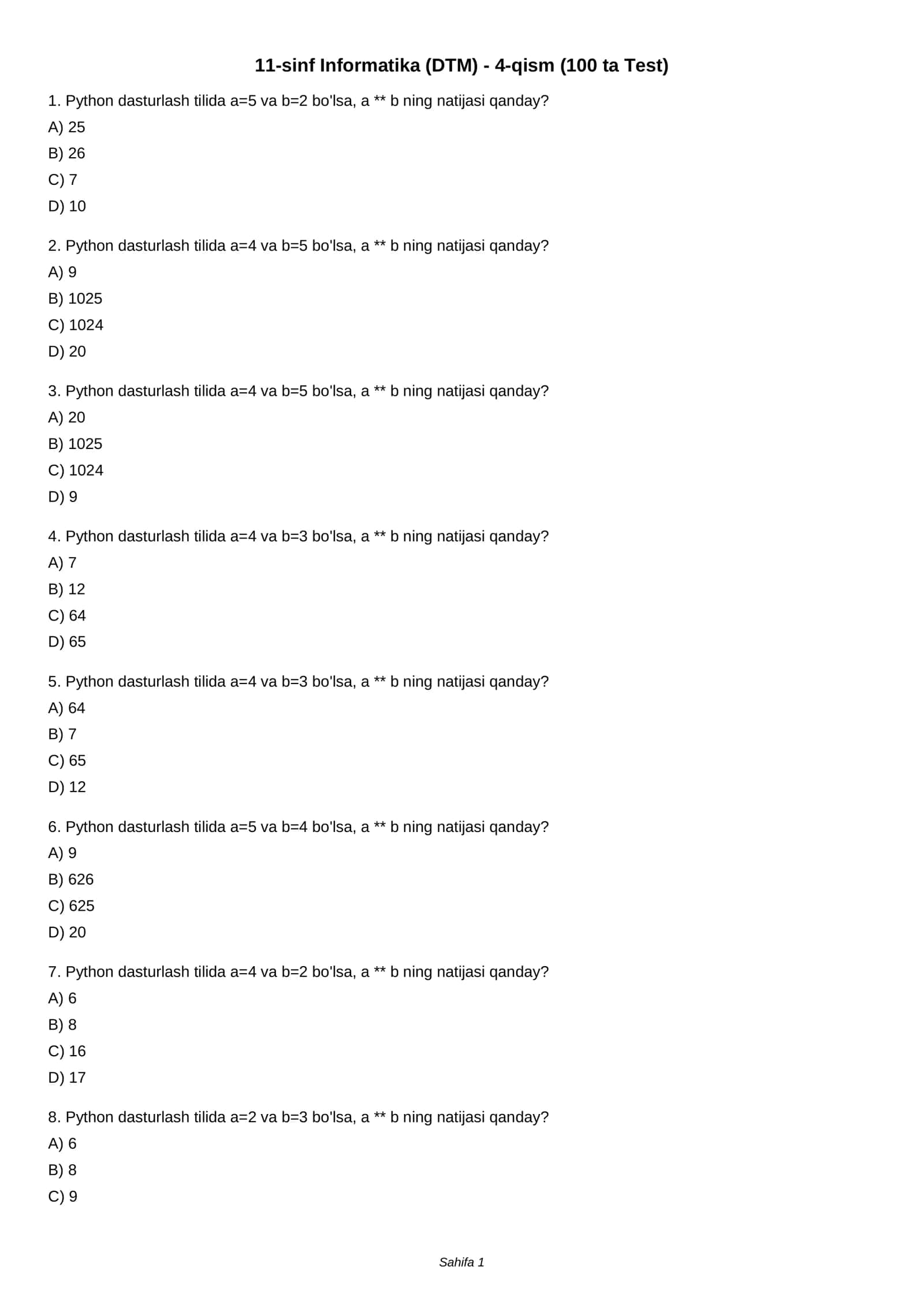11-sinf Informatika (DTM) - 4-qism (100 ta Test) 1