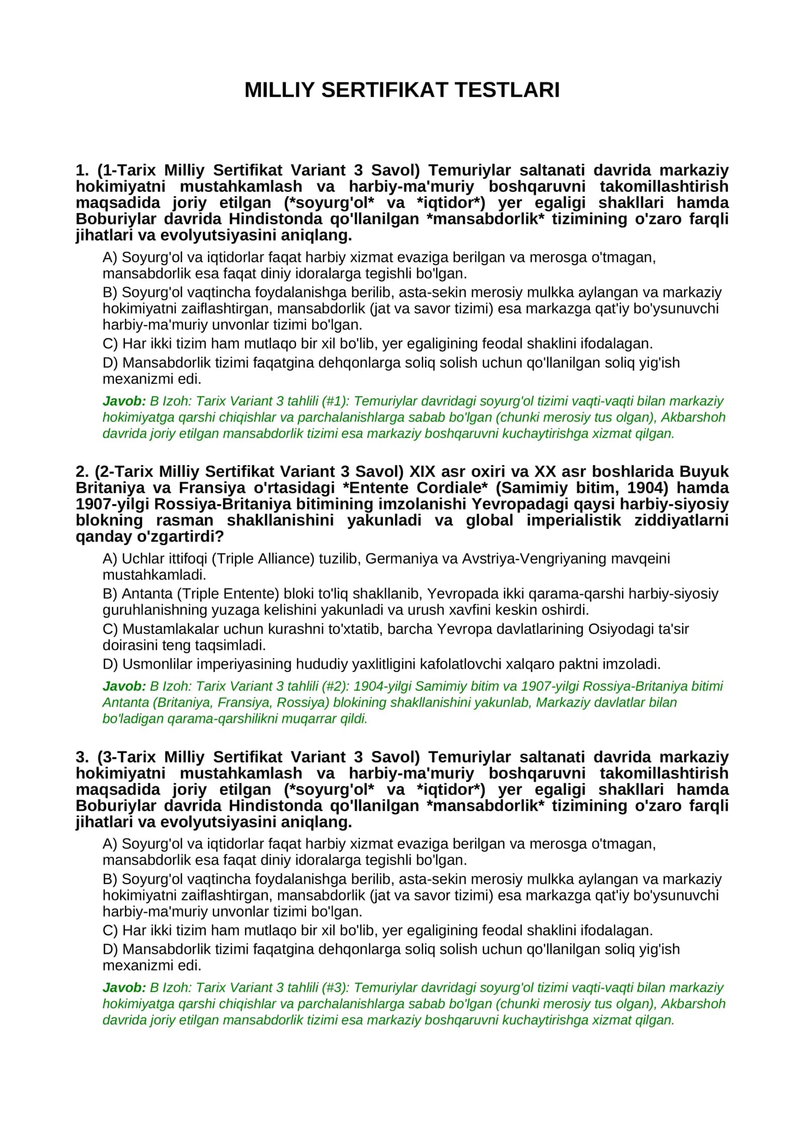 MILLIY SERTIFIKAT TESTLARI 1