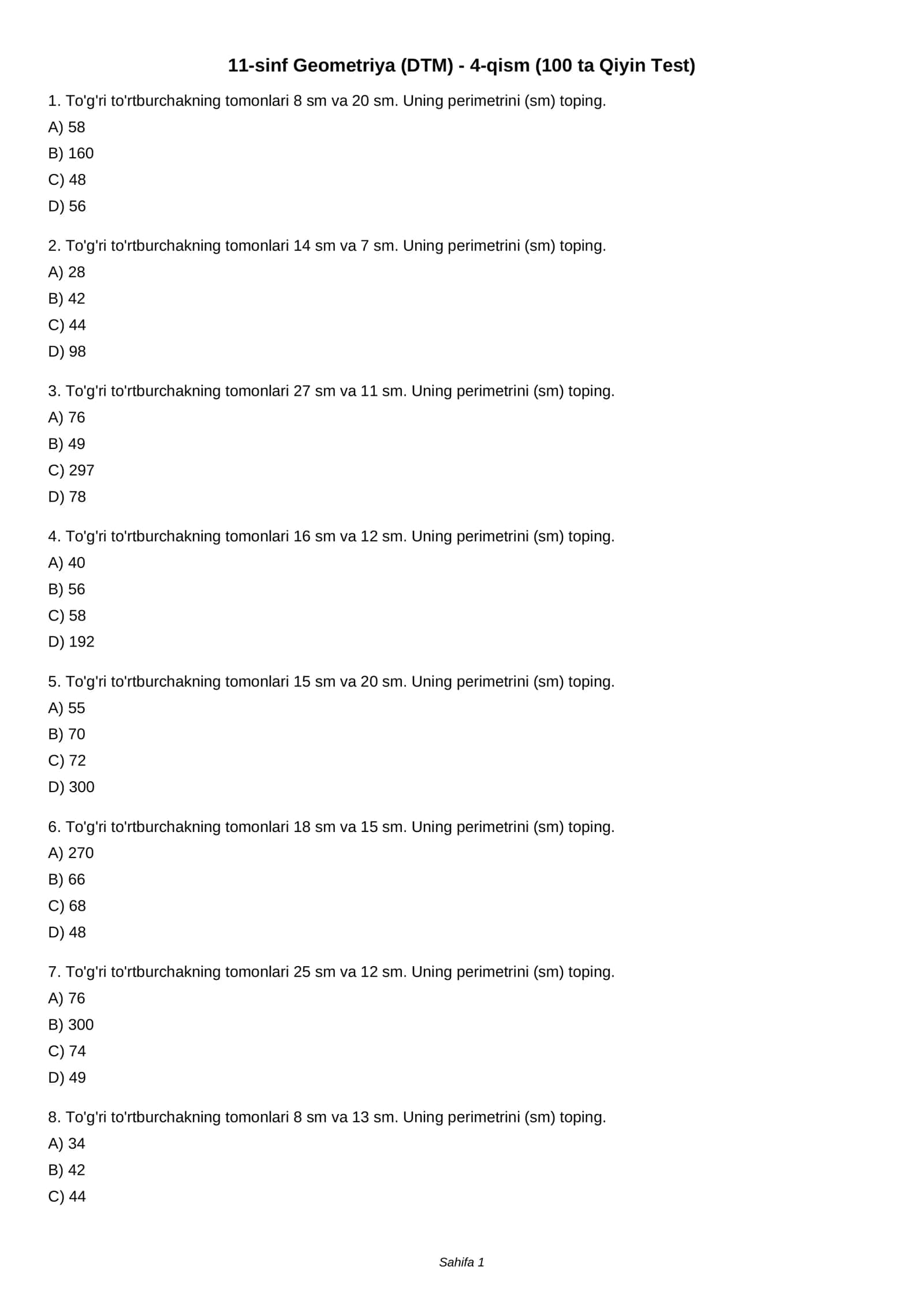 11-sinf Geometriya (DTM) - 4-qism (100 ta Qiyin Test) 1