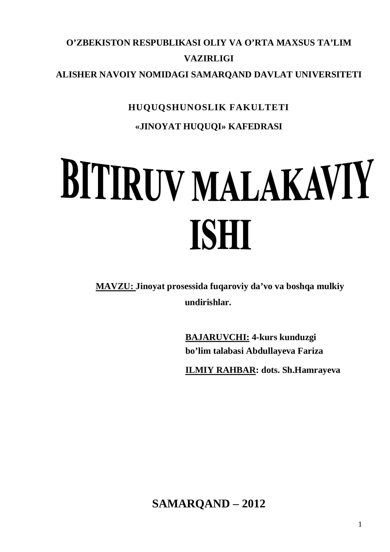 Jinoyat prosessida fuqaroviy da’vo va boshqa mulkiy undirishlar 1