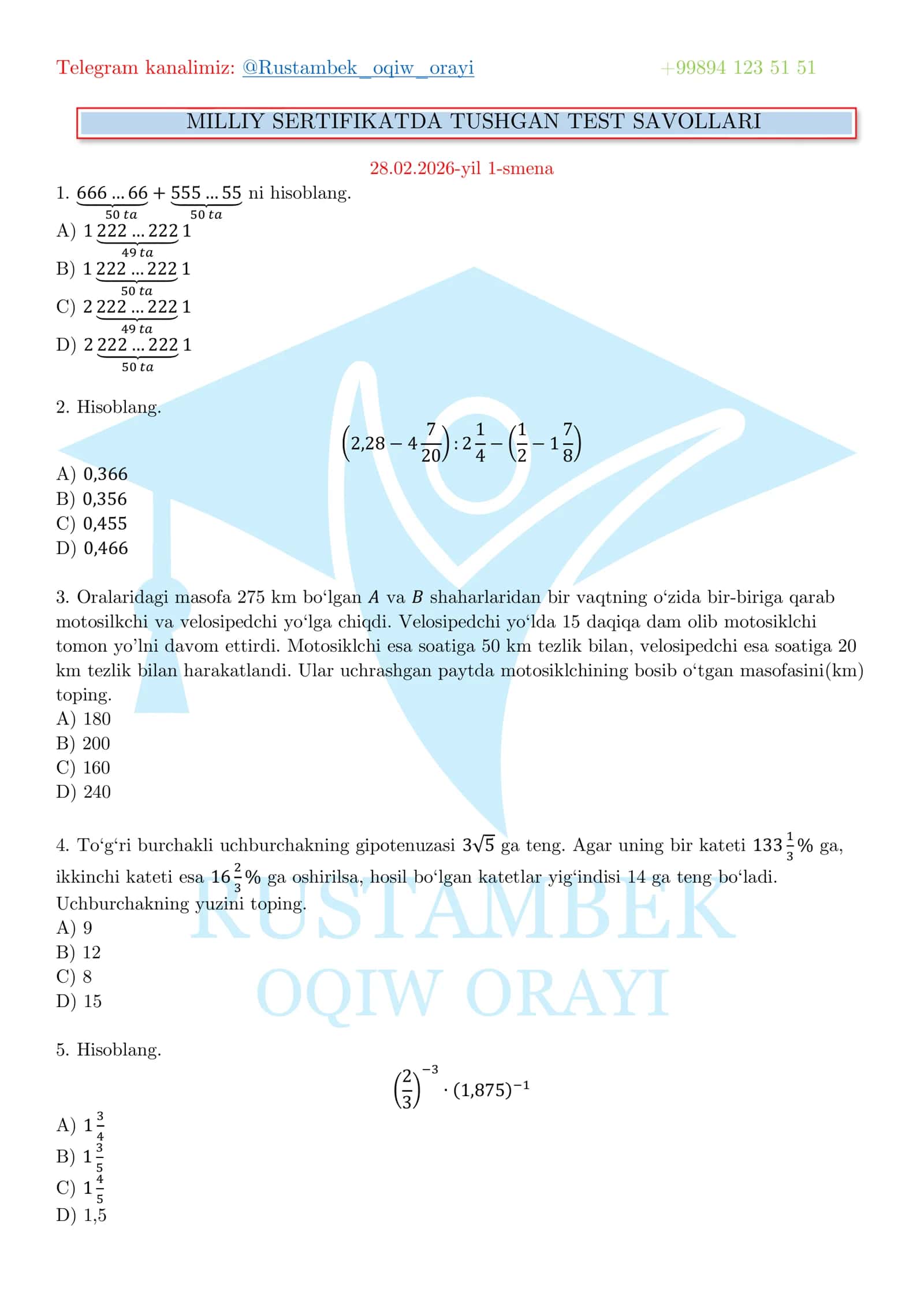 MILLIY SERTIFIKATDA TUSHGAN TEST SAVOLLARI 1