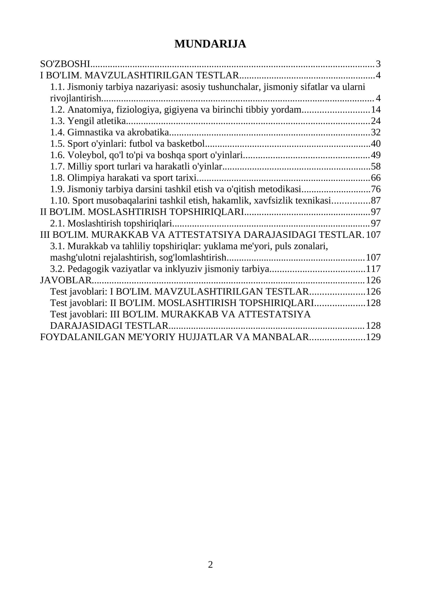 Jismoniy tarbiya fanidan Milliy sertifikat va Attestatsiya savollari va testlari. 1000 ta saralangan javoblari bilan 2