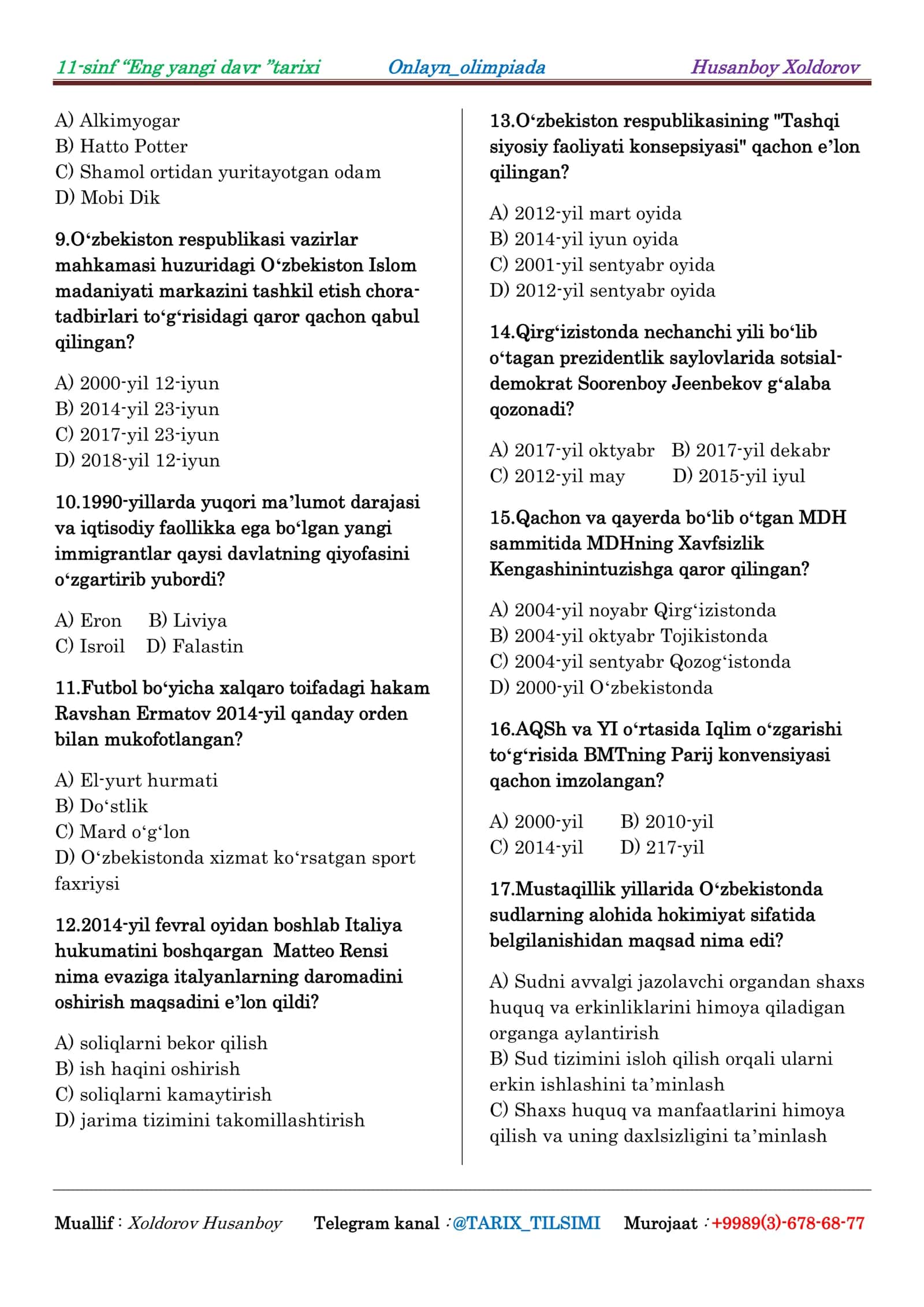 11-sinf “Eng yangi davr ”tarixi Onlayn_olimpiada Husanboy Xoldorov 2