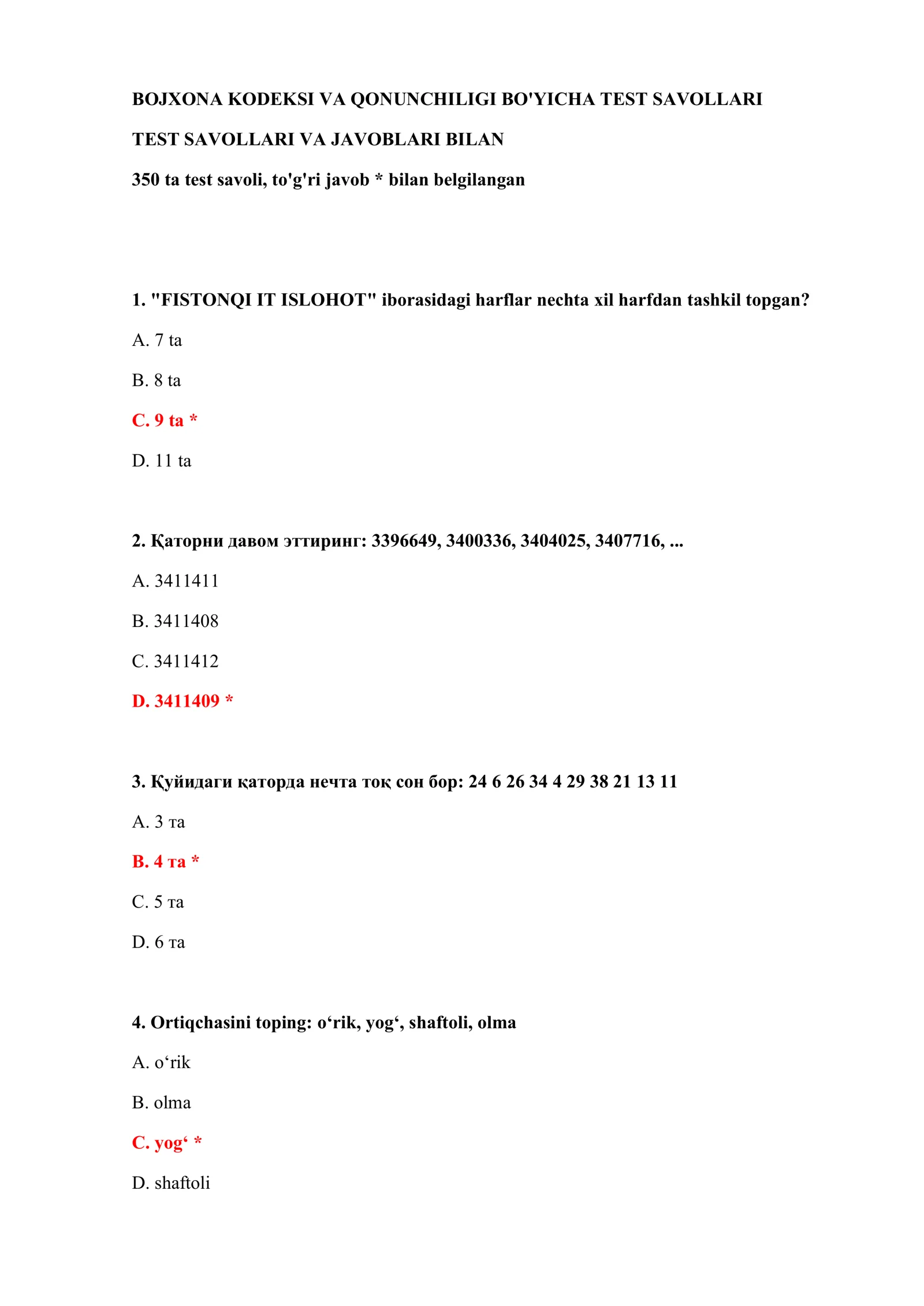 BOJXONA KODEKSI VA QONUNCHILIGI BO'YICHA TEST SAVOLLARI 2