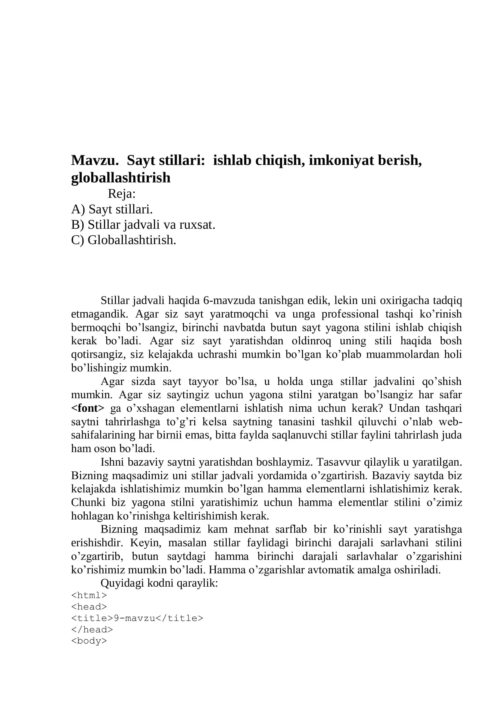 Sayt stillari: ishlab chiqish, imkoniyat bеrish, globallashtirish 2