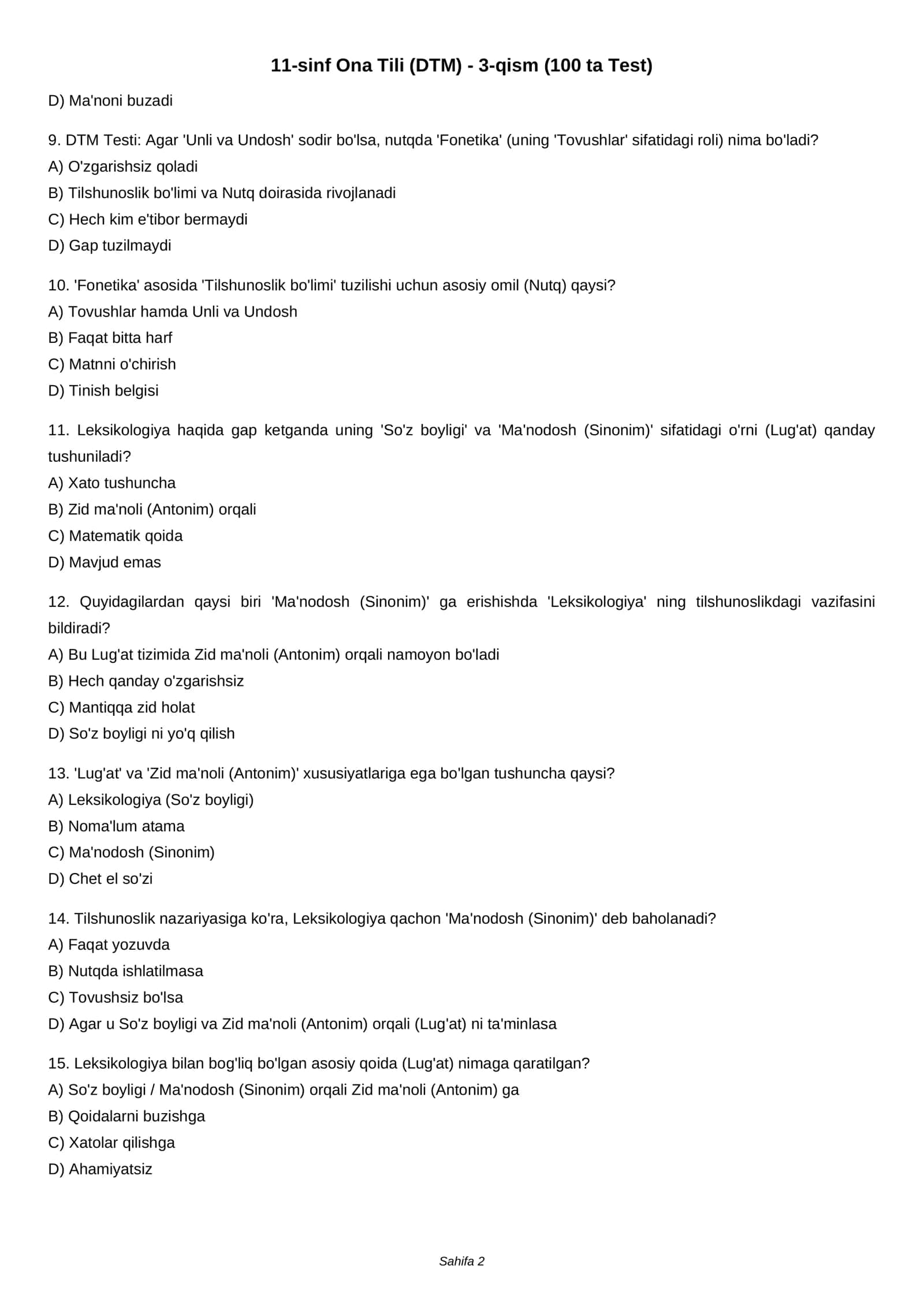 11-sinf Ona Tili (DTM) - 3-qism (100 ta Test) 2