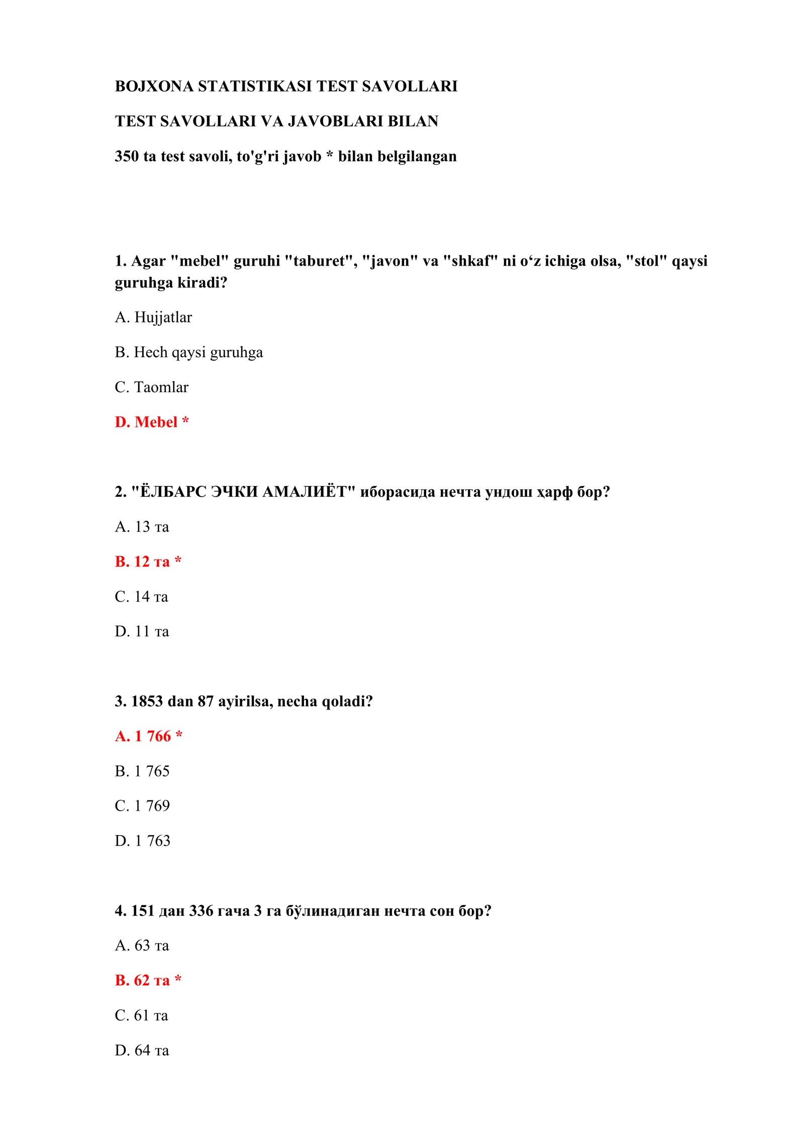 BOJXONA STATISTIKASI TEST SAVOLLARI 2
