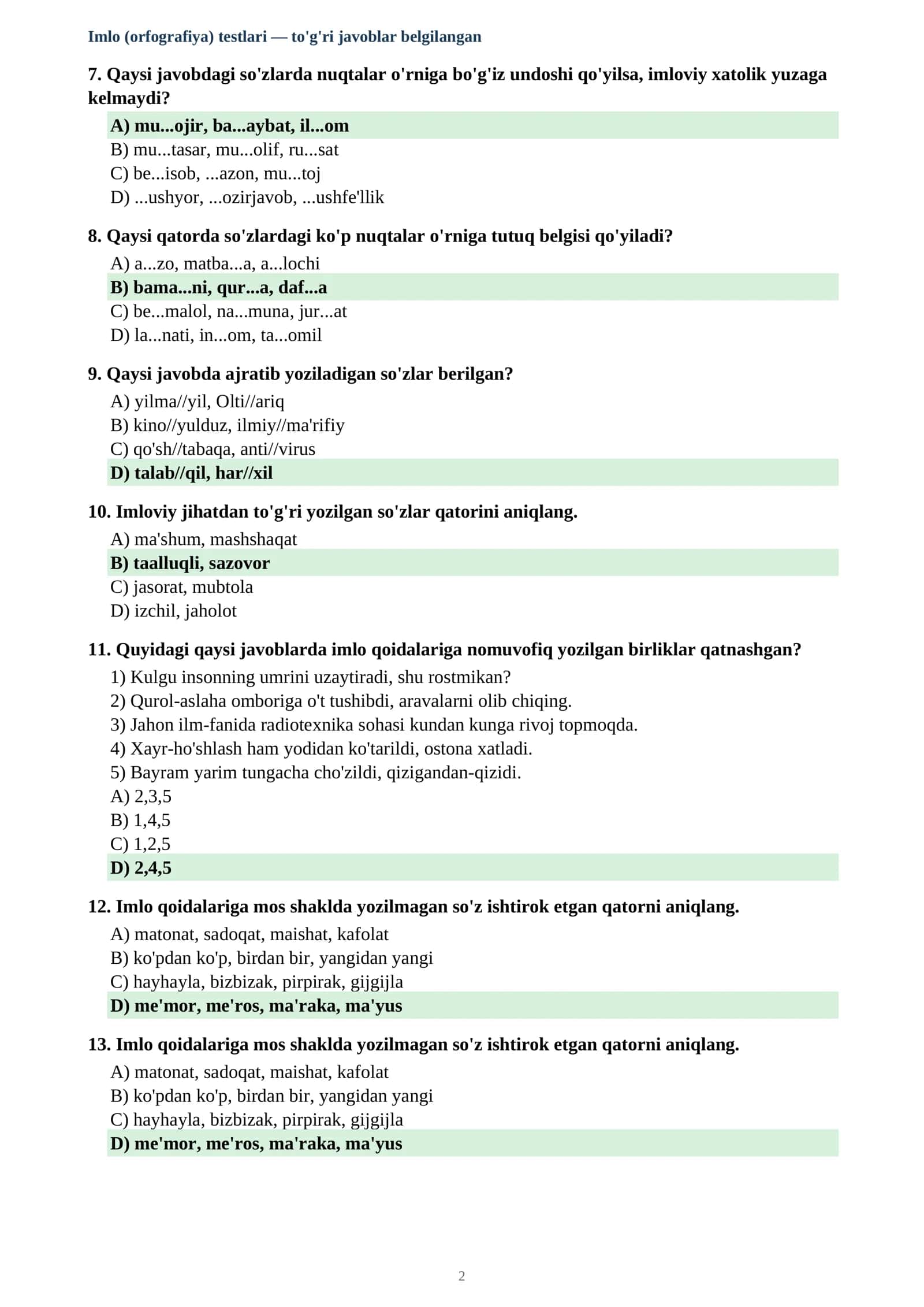 Imlo (orfografiya) testlari 2