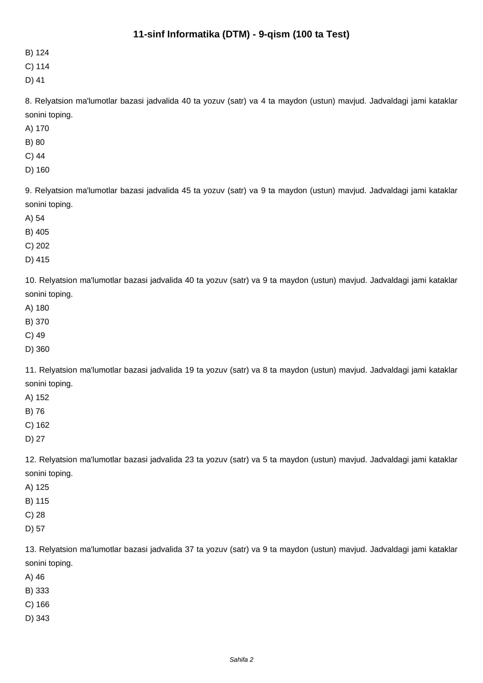 11-sinf Informatika (DTM) - 9-qism (100 ta Test) 2
