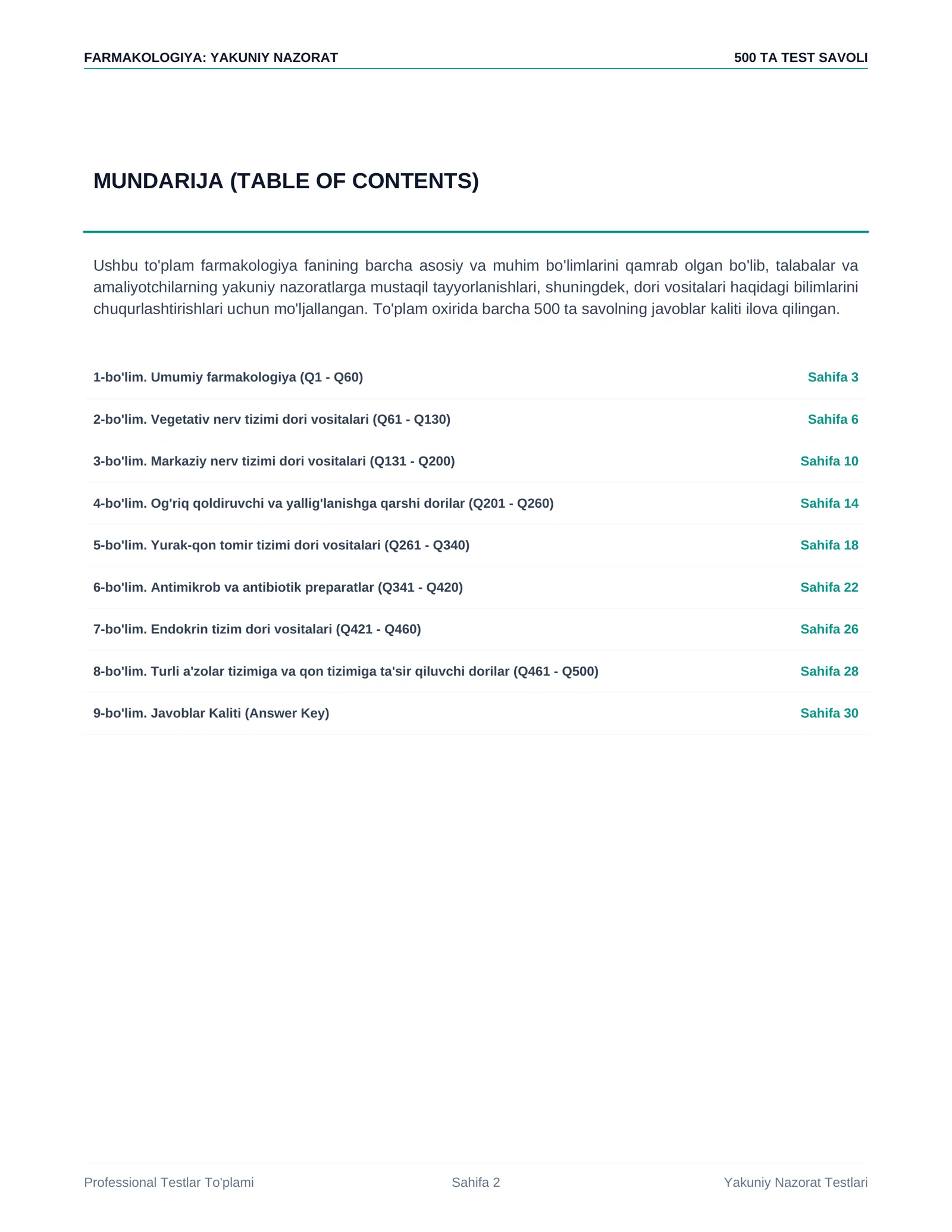 Farmakologiya — yakuniy nazorat uchun 500 ta test savoli + javoblari 2