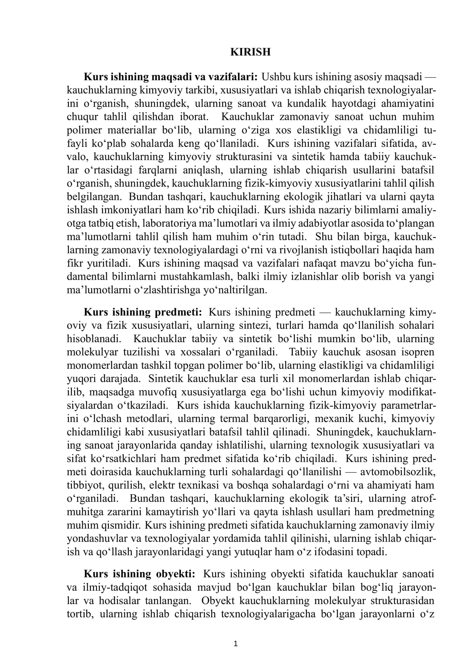 MUNDARIJA KIRISH I BOB. KAUCHUKNING TURLARI VA Ularning XUSUSIYATLARI 2
