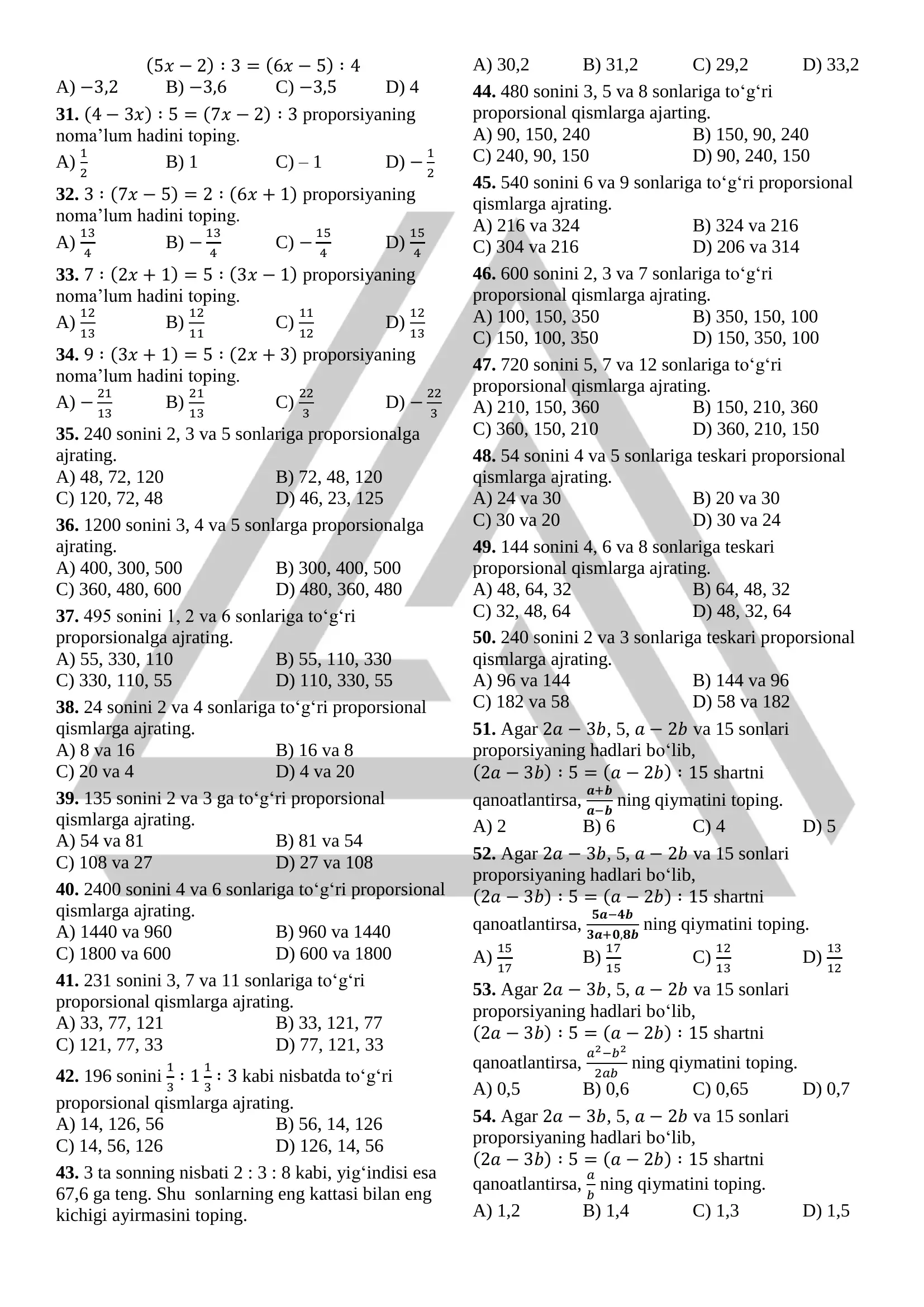 Proporsiyamavzusidan 100 talik test (javoblari bilan) 2