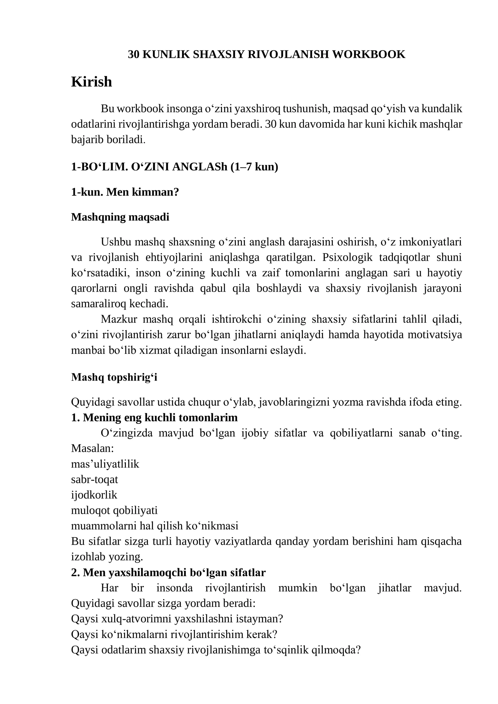 30 KUNLIK SHAXSIY RIVOJLANISH WORKBOOK 2