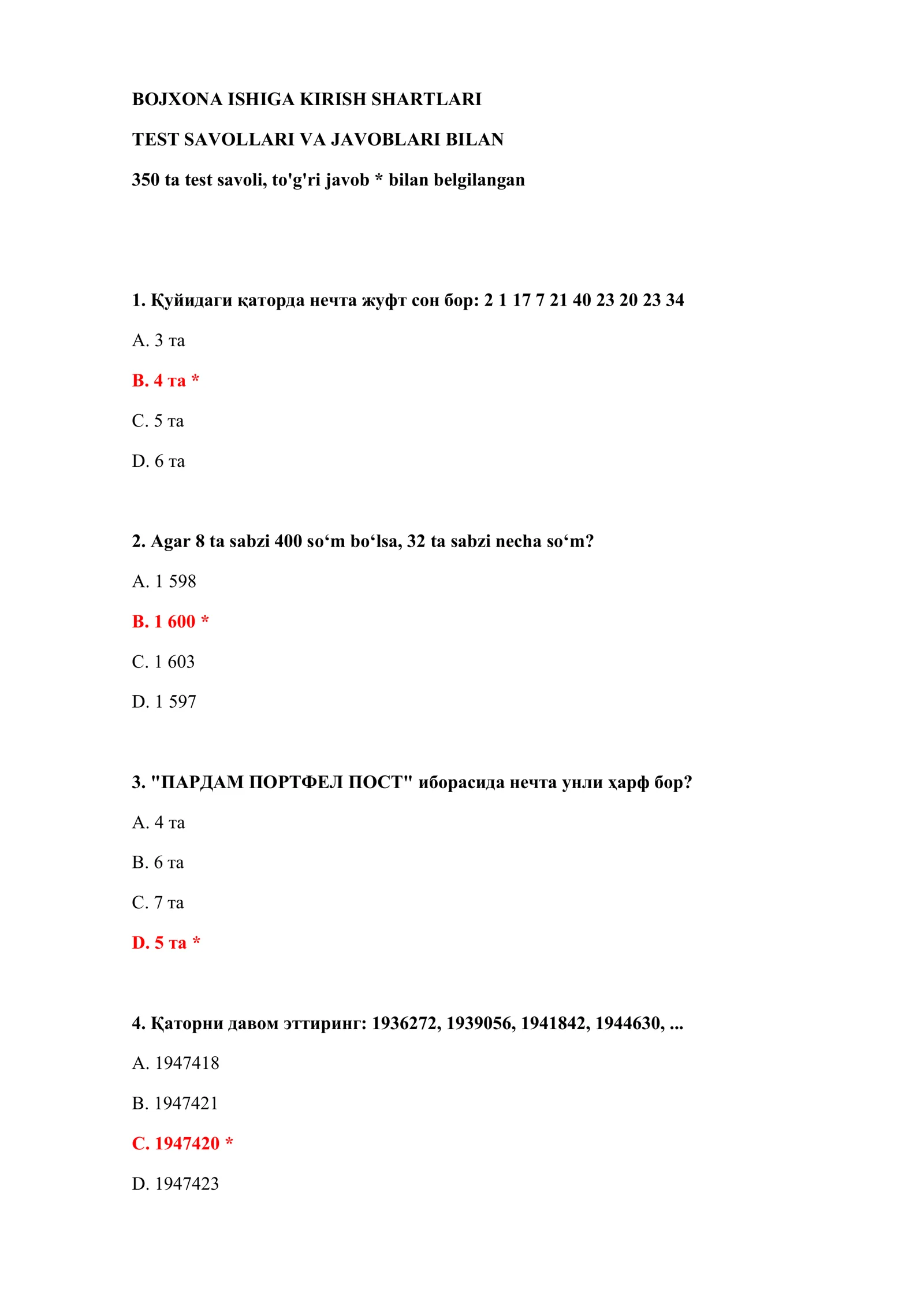 TEST SAVOLLARI VA JAVOBLARI BILAN 2