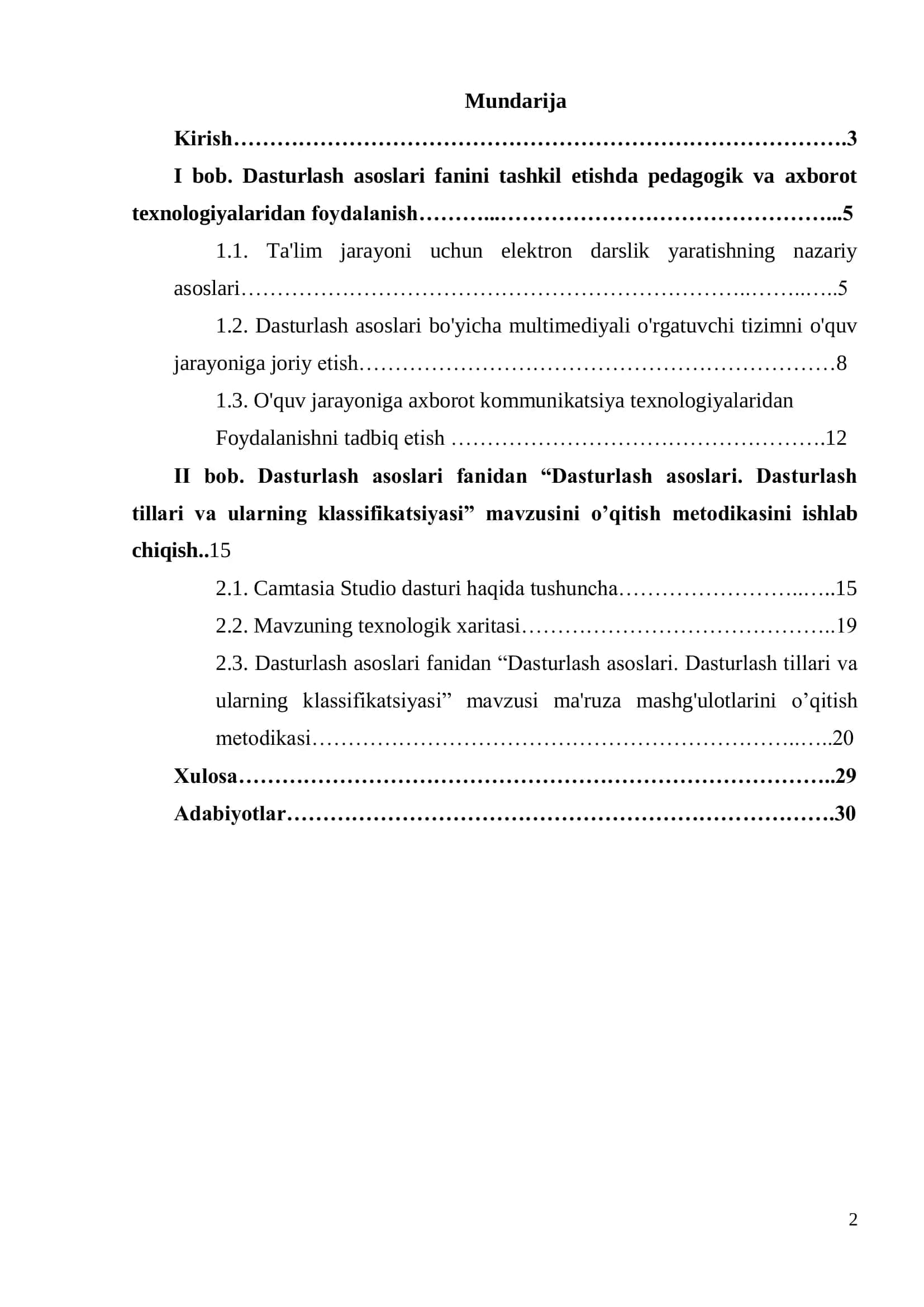“Dasturlash asoslari” fanini pedagogik va axborot texnologiyalari yordamida o’qitish metodikasi 2