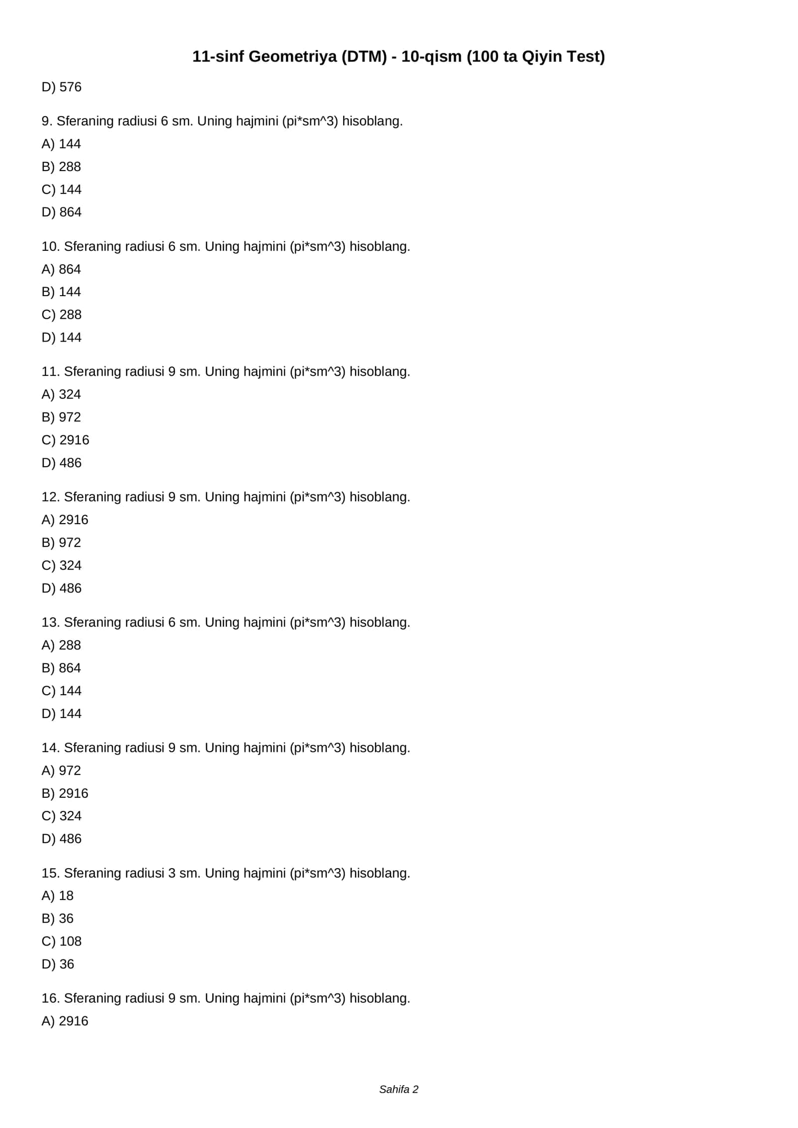 11-sinf Geometriya (DTM) - 10-qism (100 ta Qiyin Test) 2